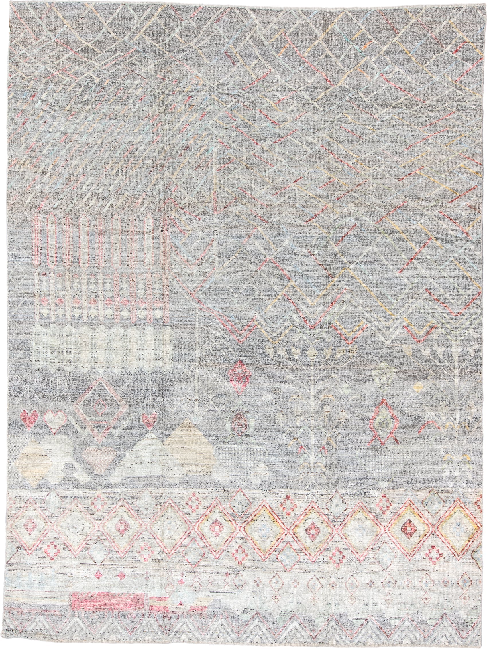 10' x 13' one-of-a-kind handmade vintage Tulu large size rug. Color palette: gray, ivory, blush, pale gold, cream, taupe