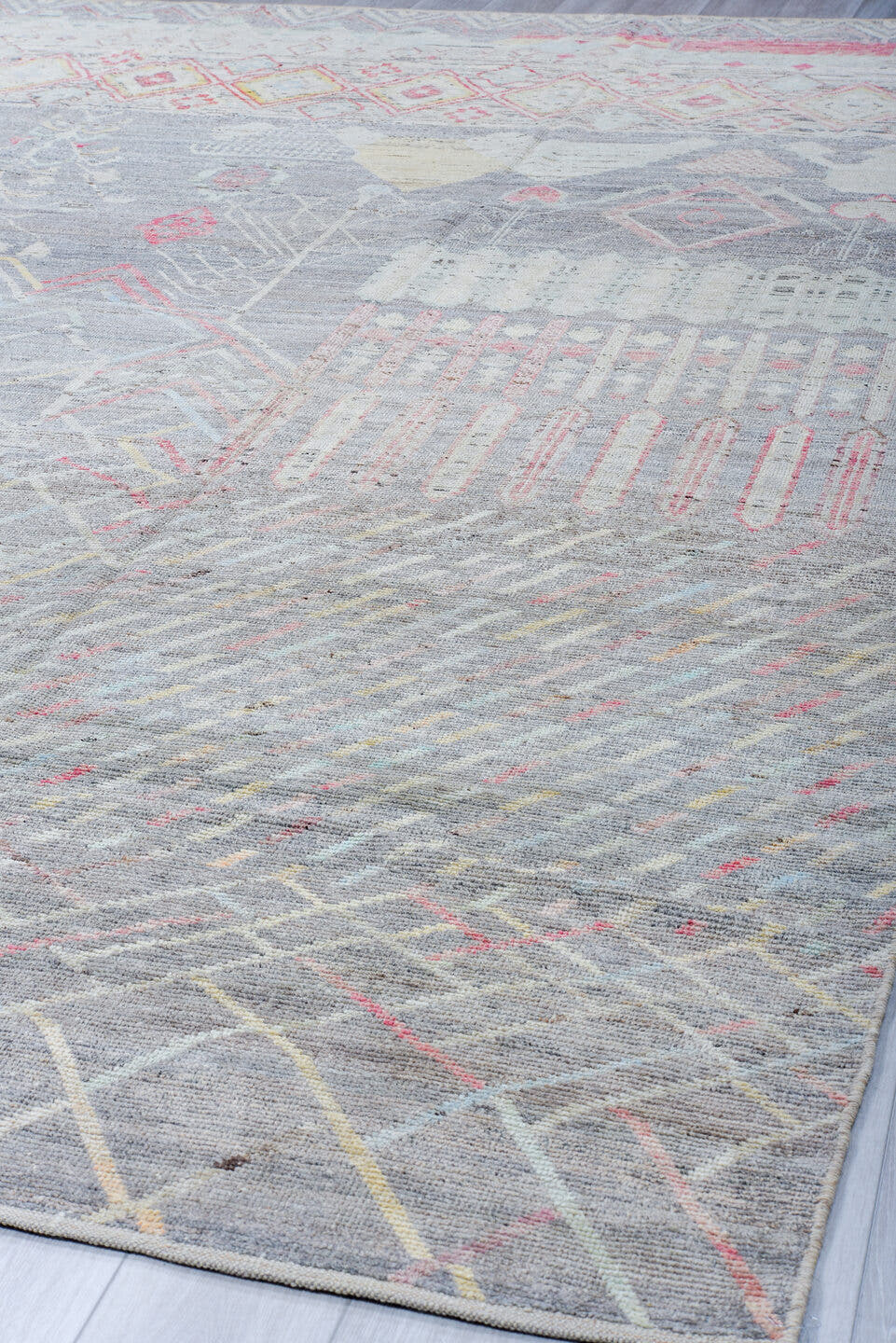 10' x 13' one-of-a-kind handmade vintage Tulu large size rug. Color palette: gray, ivory, blush, pale gold, cream, taupe