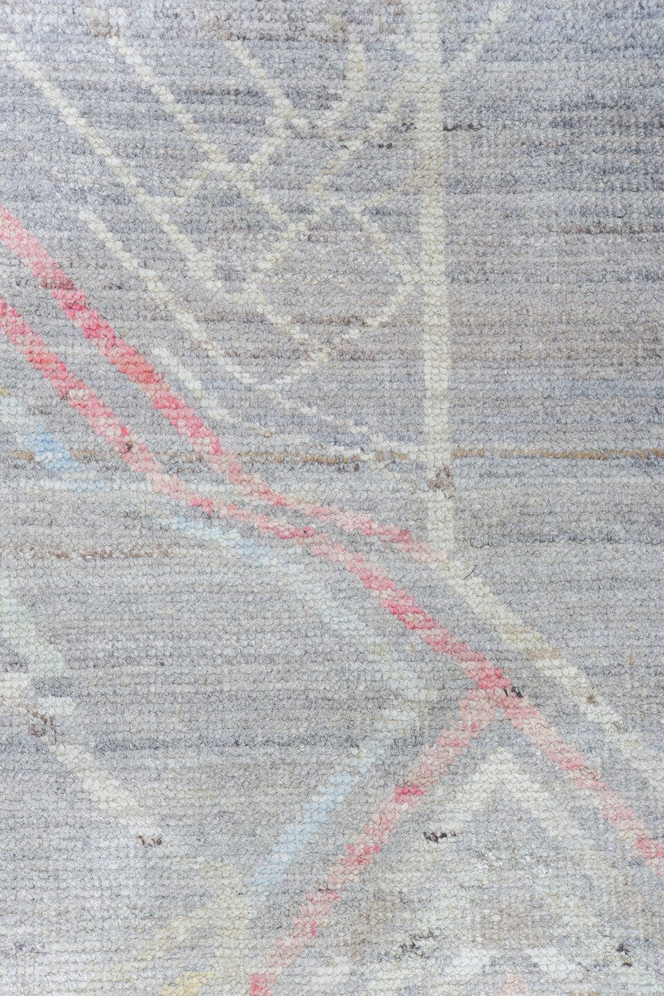 10' x 13' one-of-a-kind handmade vintage Tulu large size rug. Color palette: gray, ivory, blush, pale gold, cream, taupe