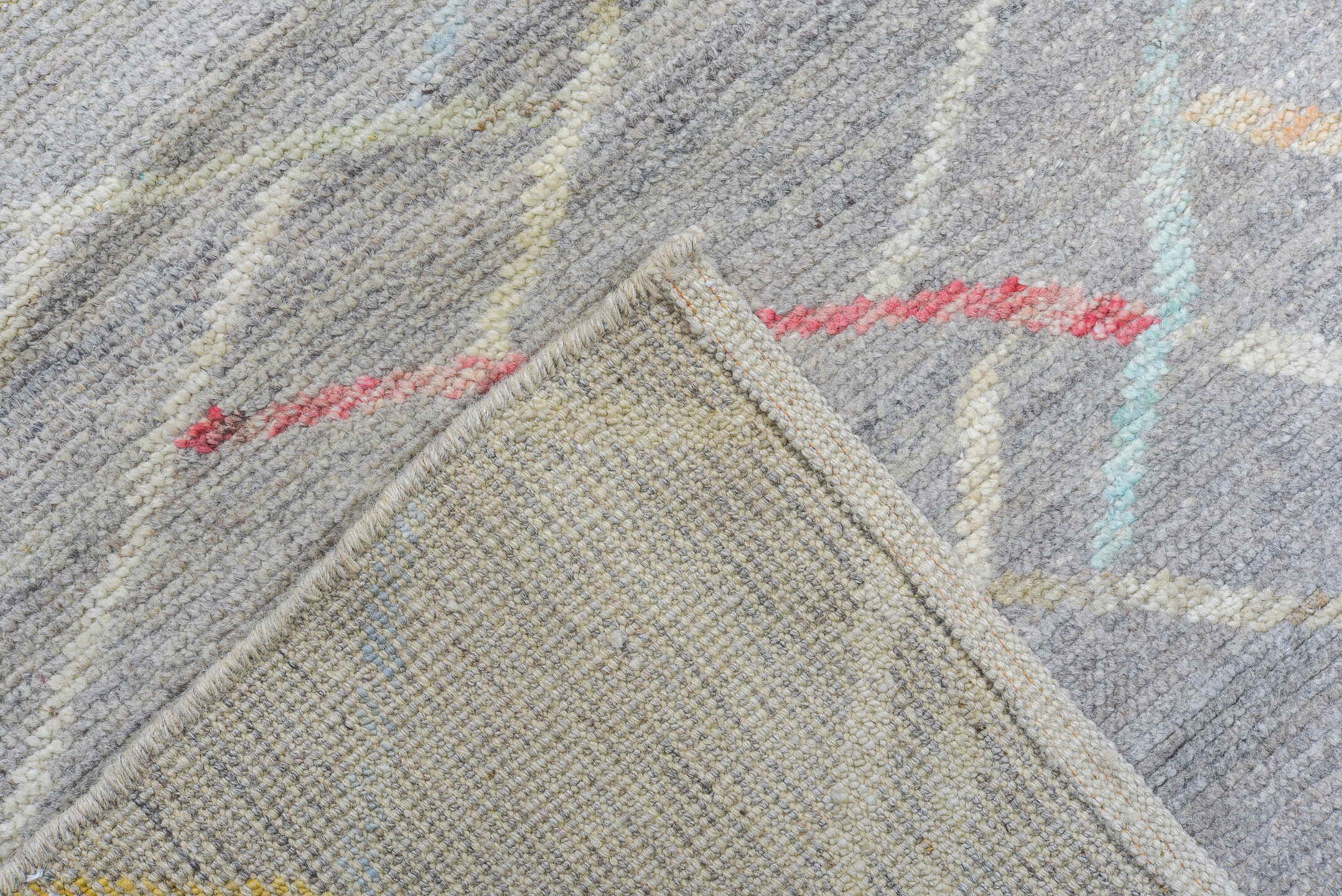 10' x 13' one-of-a-kind handmade vintage Tulu large size rug. Color palette: gray, ivory, blush, pale gold, cream, taupe
