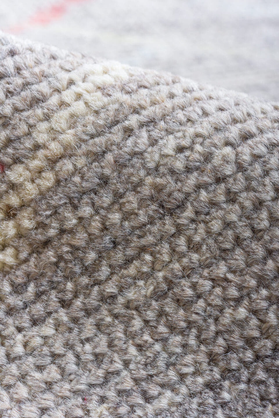 10' x 13' one-of-a-kind handmade vintage Tulu large size rug. Color palette: gray, ivory, blush, pale gold, cream, taupe