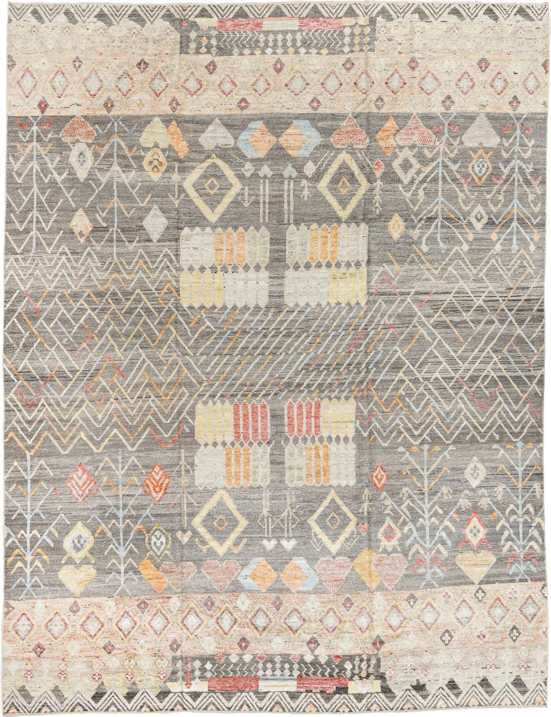 10' x 13' one-of-a-kind handmade vintage Tulu large size rug. Color palette: gray, ivory, cream, coral, saffron, pale_blue