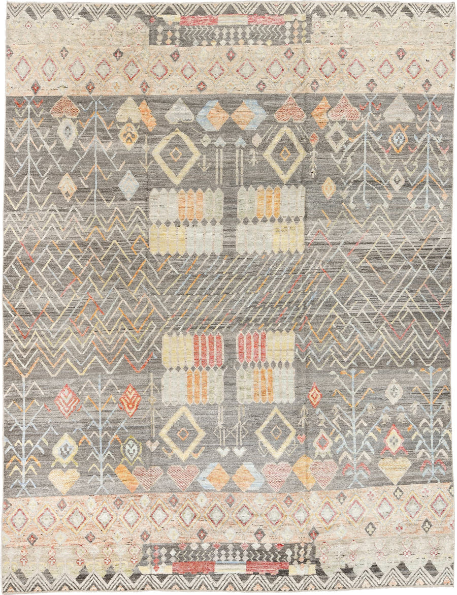 10' x 13' one-of-a-kind handmade vintage Tulu large size rug. Color palette: gray, ivory, cream, coral, saffron, pale_blue