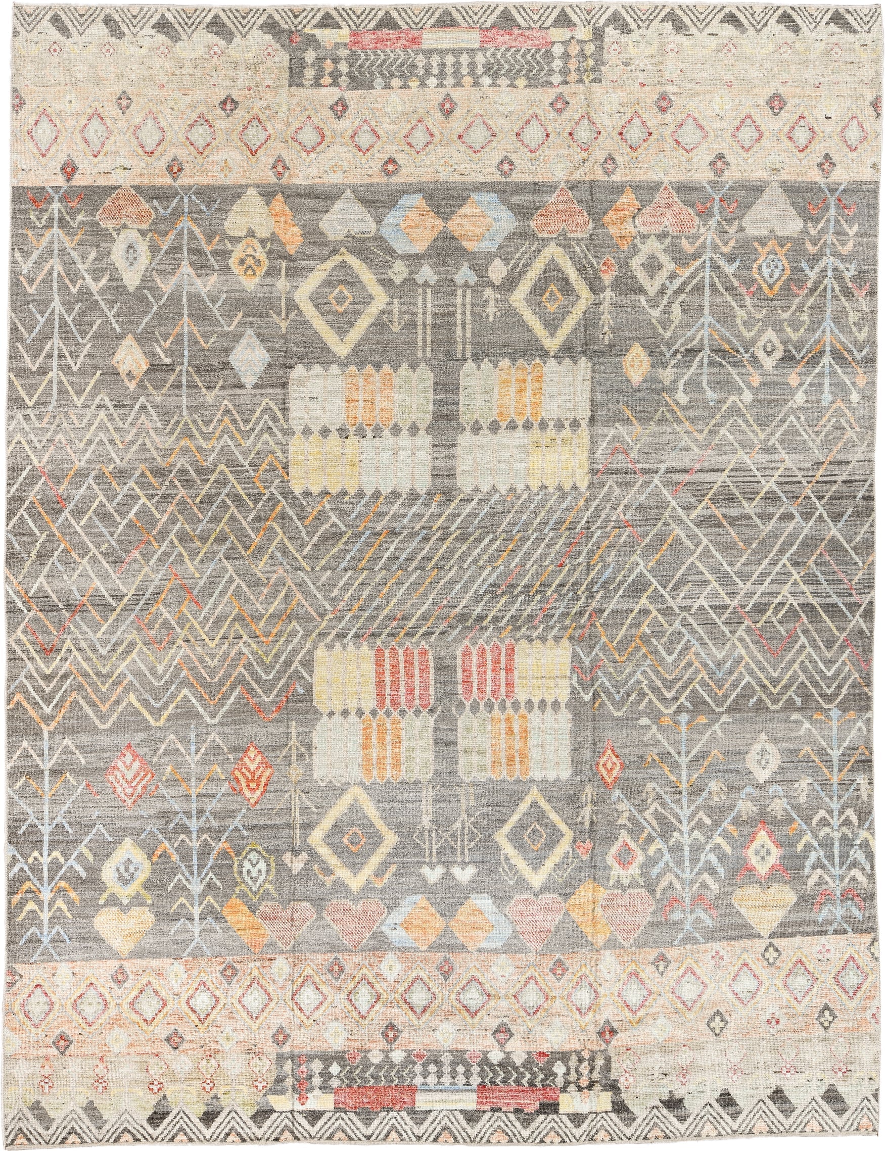 10' x 13' one-of-a-kind handmade vintage Tulu large size rug. Color palette: gray, ivory, cream, coral, saffron, pale_blue