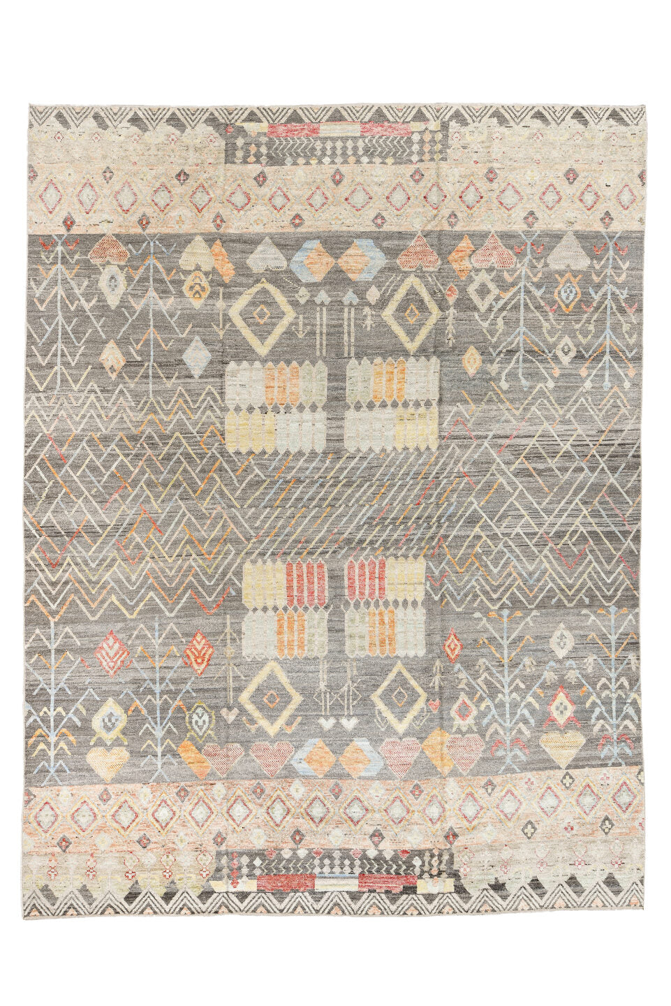 10' x 13' one-of-a-kind handmade vintage Tulu large size rug. Color palette: brown, gray, light gray, off-white, pink