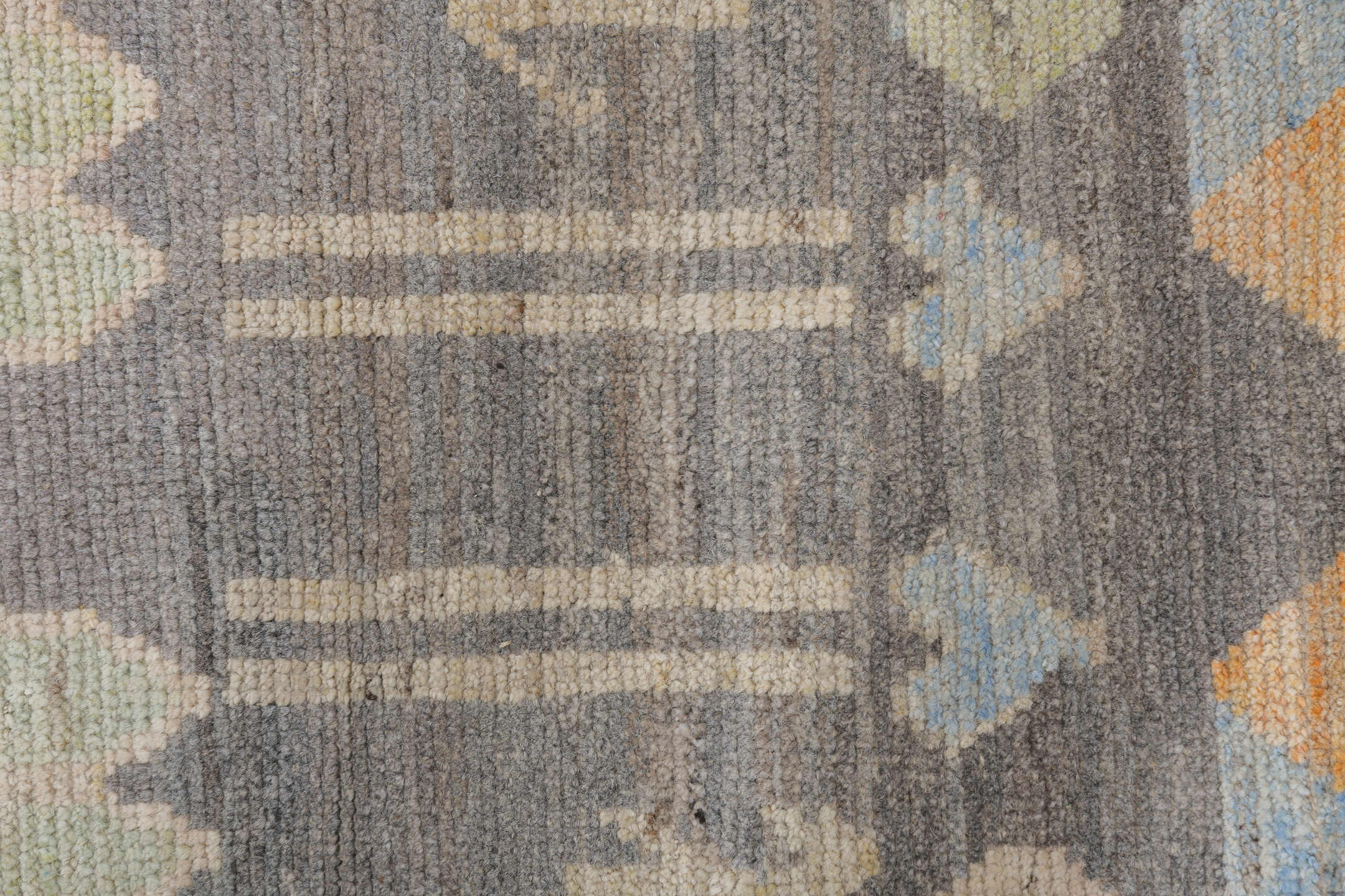 10' x 13' one-of-a-kind handmade vintage Tulu large size rug. Color palette: gray, ivory, cream, coral, saffron, pale_blue