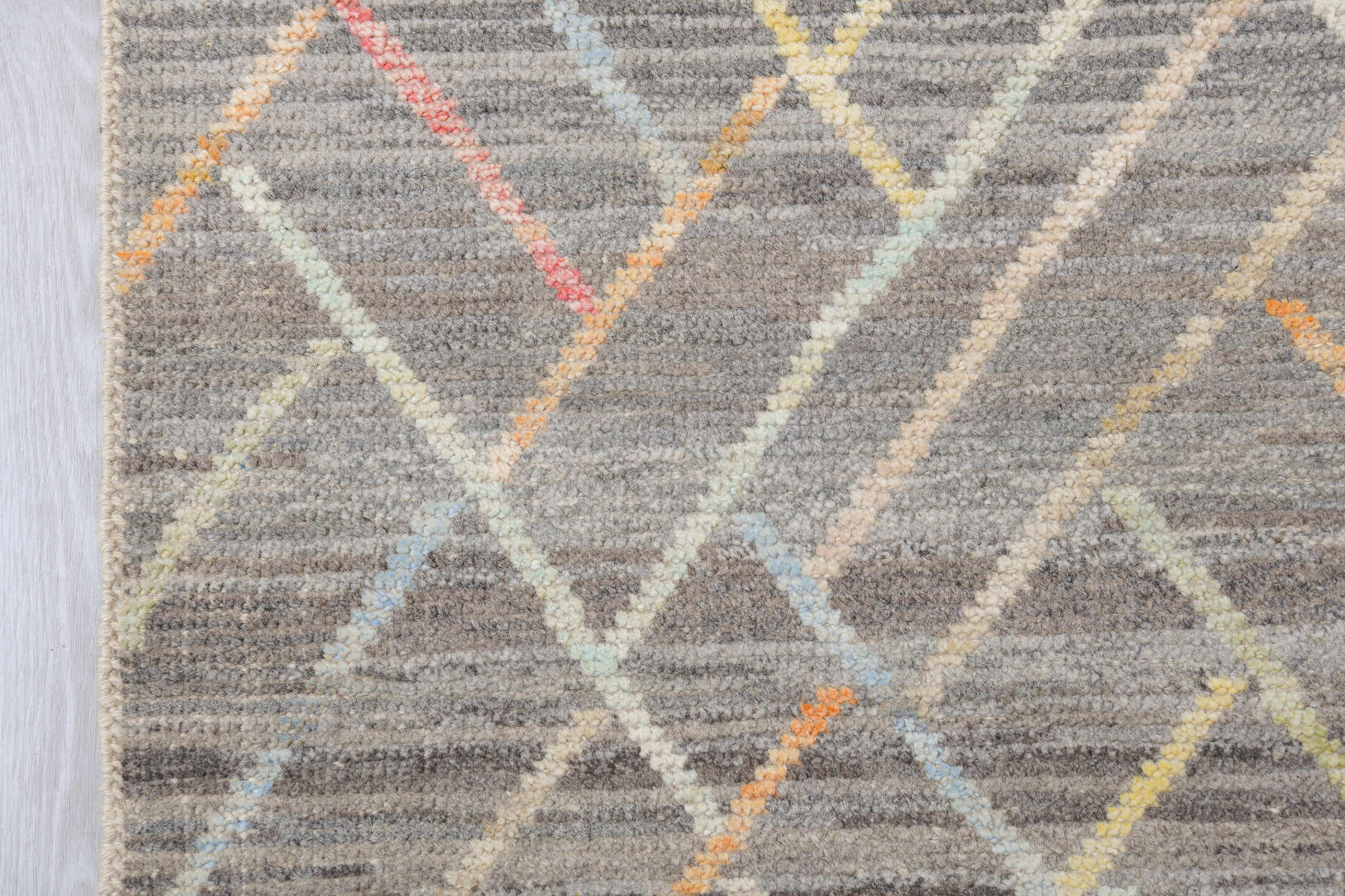 10' x 13' one-of-a-kind handmade vintage Tulu large size rug. Color palette: gray, ivory, cream, coral, saffron, pale_blue
