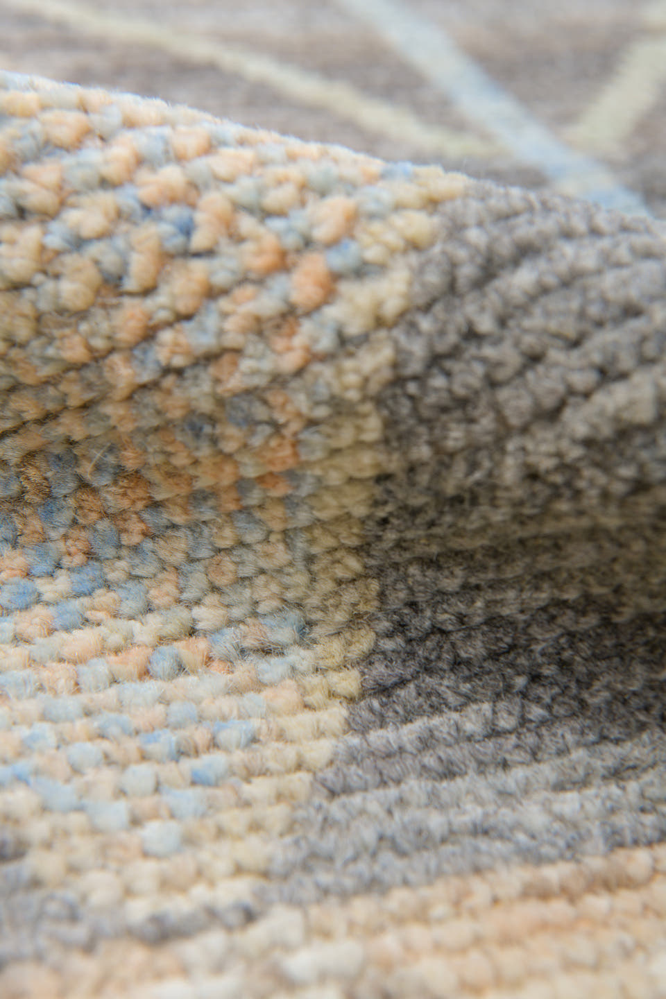 10' x 13' one-of-a-kind handmade vintage Tulu large size rug. Color palette: gray, ivory, cream, coral, saffron, pale_blue