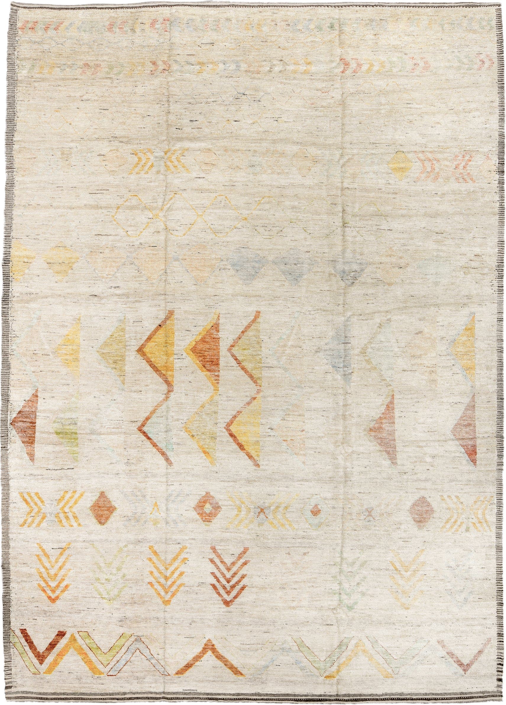 10' x 14' one-of-a-kind handmade vintage Tulu large size rug. Color palette: ivory, cream, saffron, rust, pale blue, blush