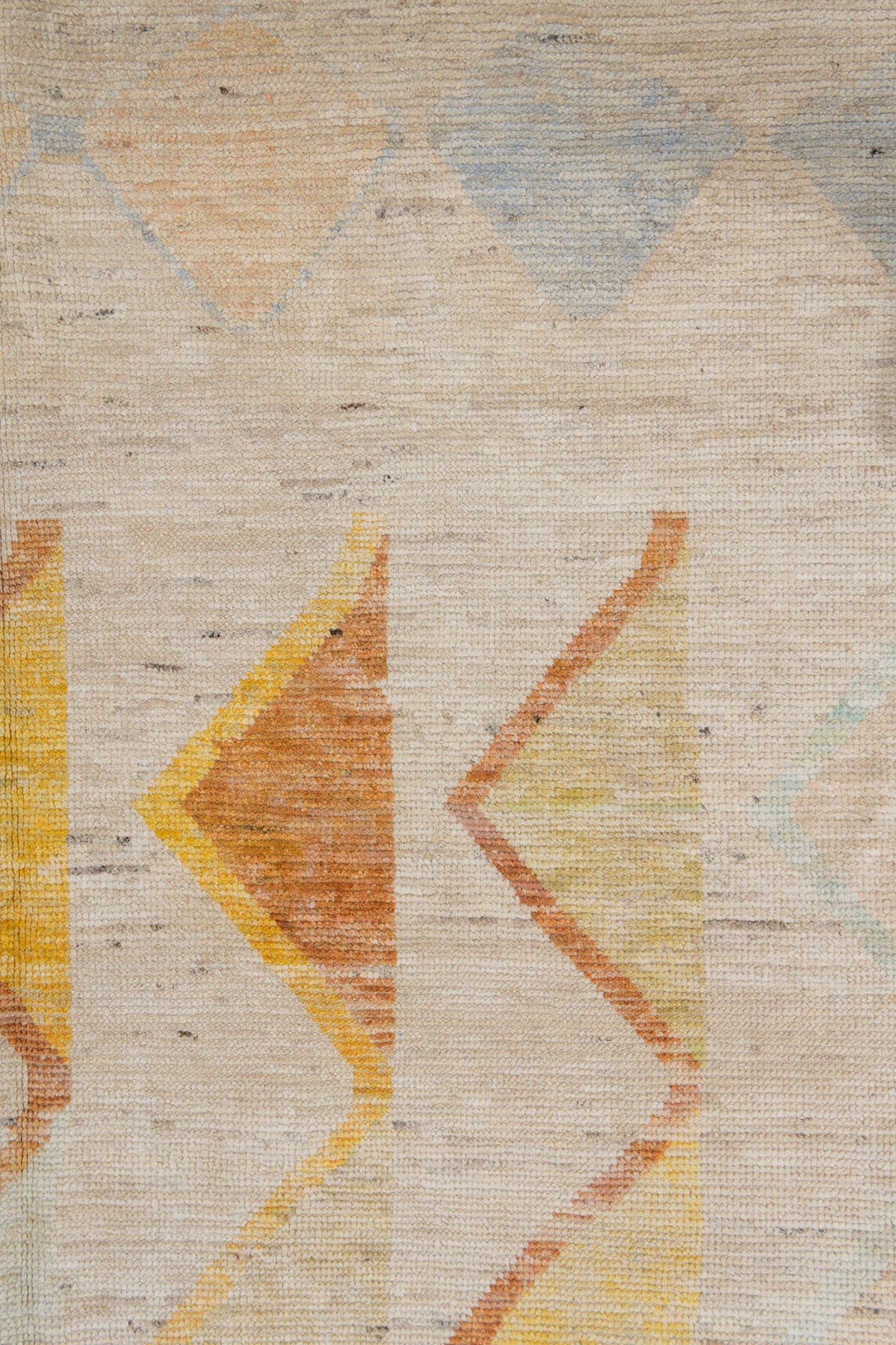 10' x 14' one-of-a-kind handmade vintage Tulu large size rug. Color palette: ivory, cream, saffron, rust, pale blue, blush