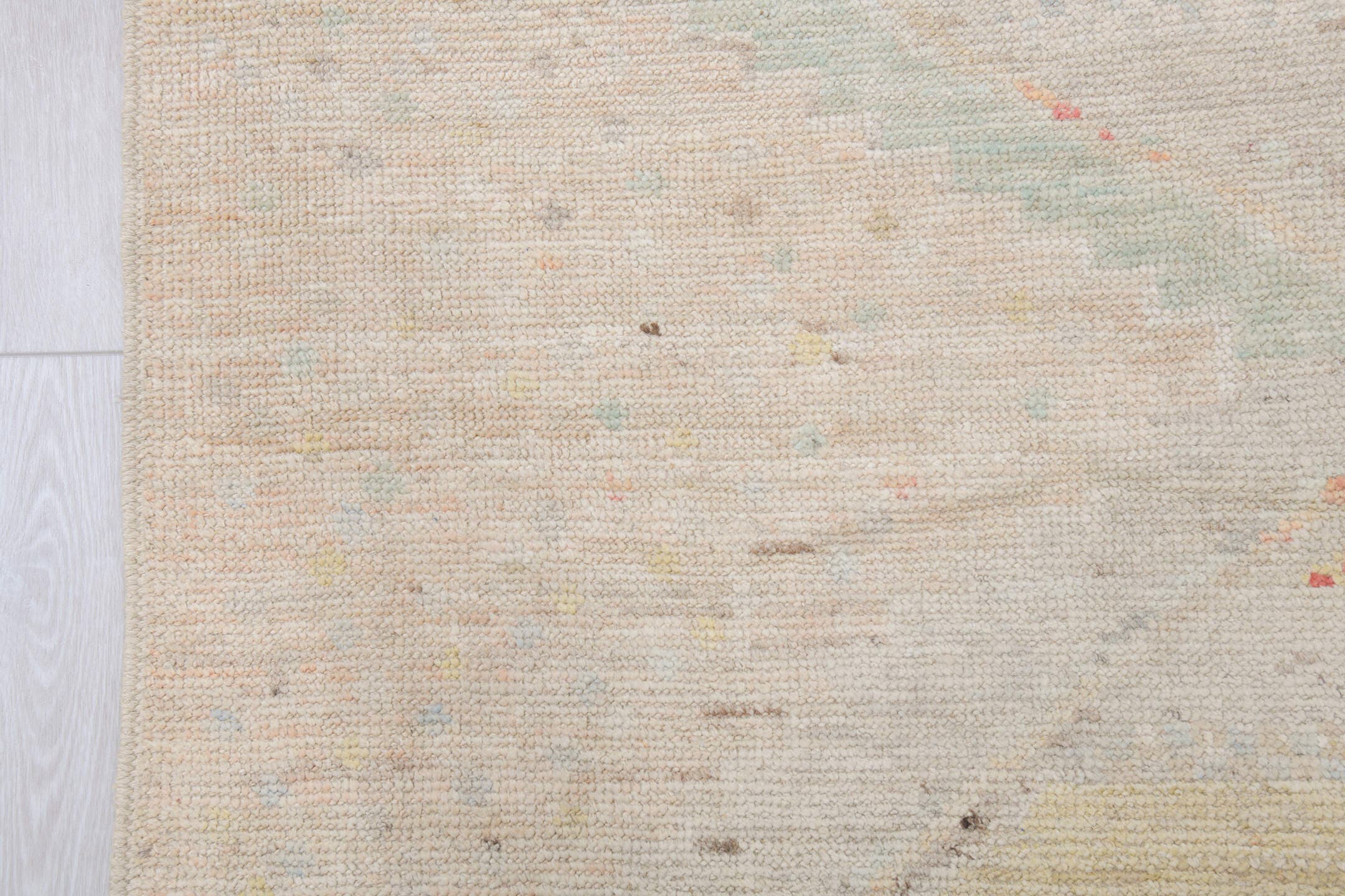10' x 13' one-of-a-kind handmade vintage Tulu large size rug. Color palette: ivory, blush, pale sage, cream, sand