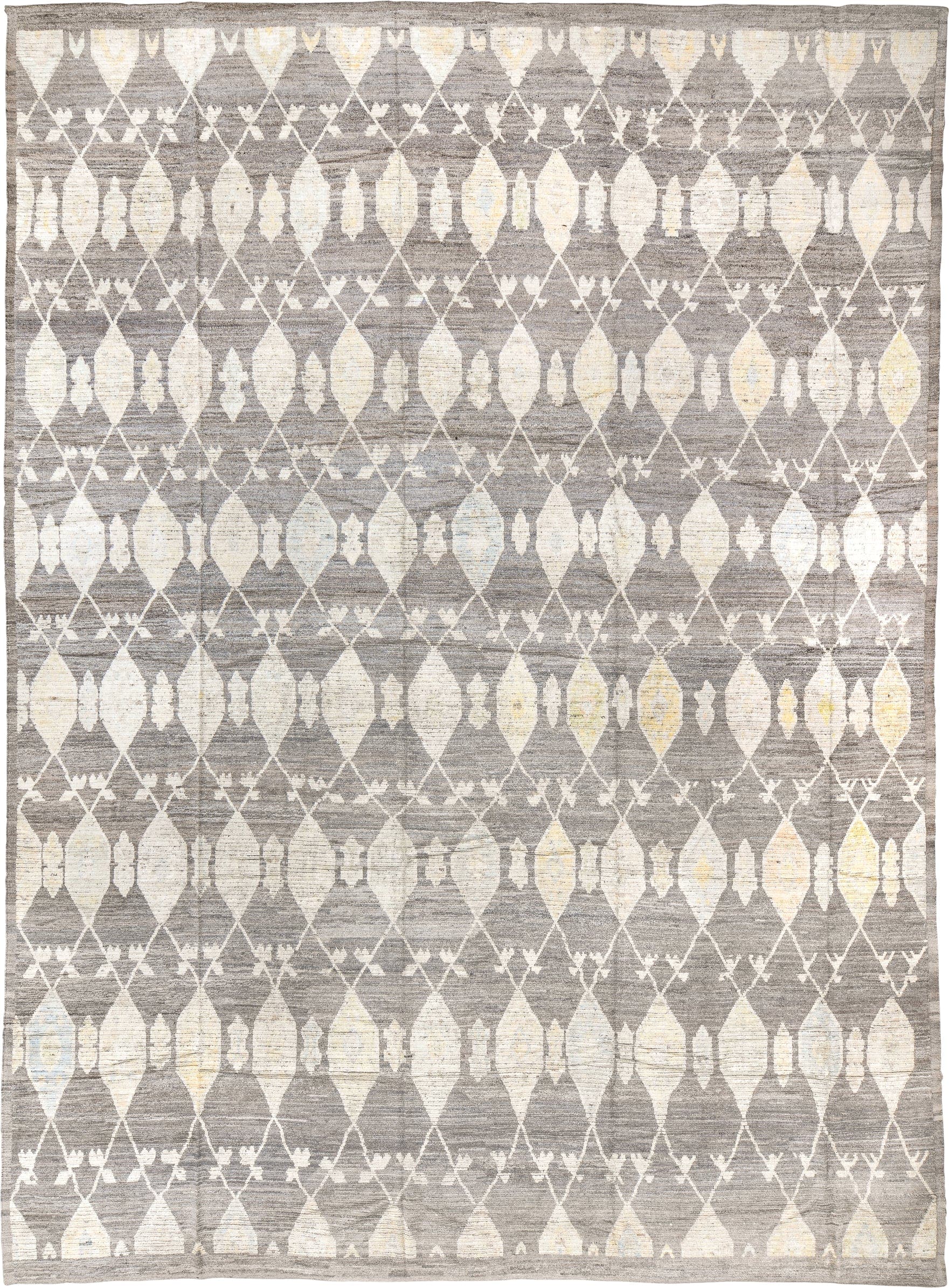 14' x 19' one-of-a-kind handmade vintage Tulu oversize rug. Color palette: gray, ivory, cream, pale gold, taupe, gold, beige