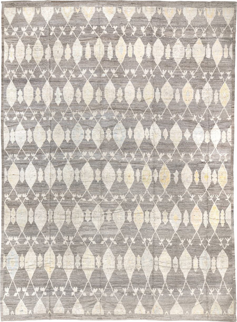 14' x 19' one-of-a-kind handmade vintage Tulu oversize rug. Color palette: gray, ivory, cream, pale gold, taupe, gold, beige