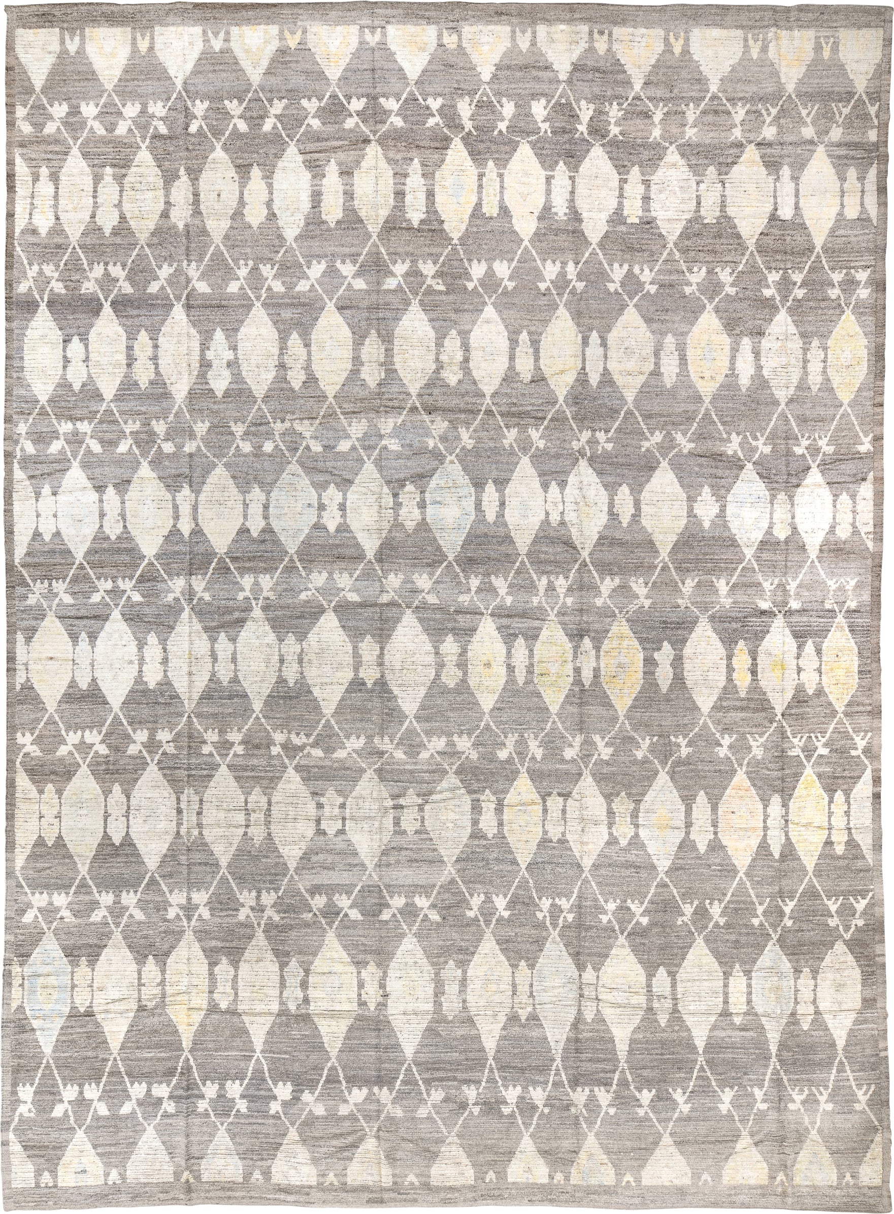 14' x 19' one-of-a-kind handmade vintage Tulu oversize rug. Color palette: gray, ivory, cream, pale gold, taupe, gold, beige