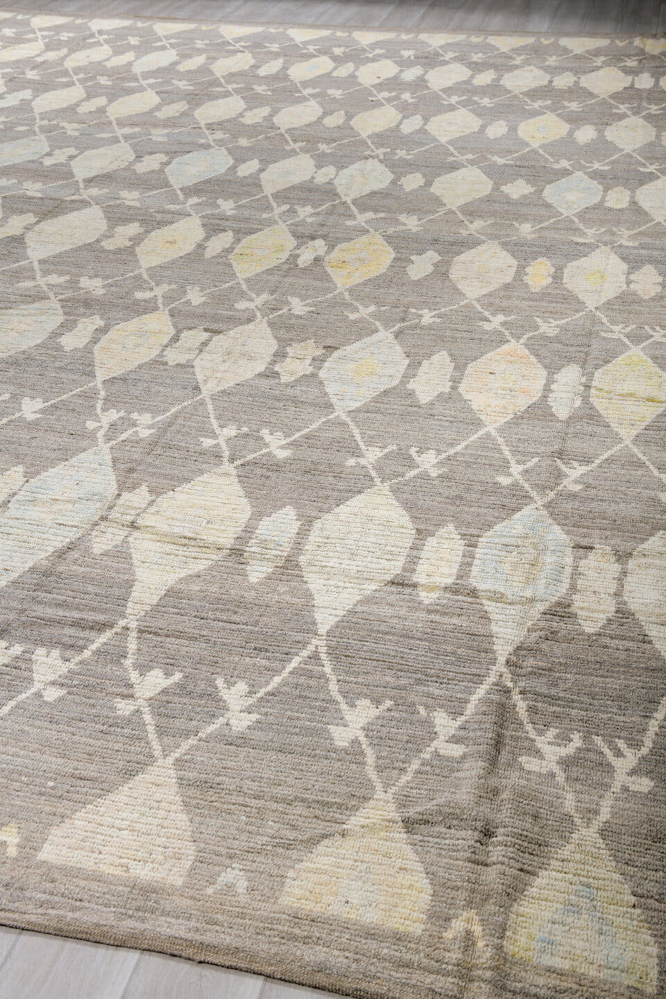 14' x 19' one-of-a-kind handmade vintage Tulu oversize rug. Color palette: gray, ivory, cream, pale gold, taupe, gold, beige