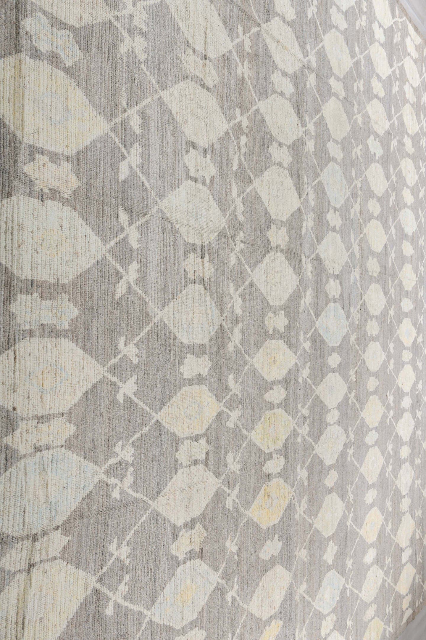 14' x 19' one-of-a-kind handmade vintage Tulu oversize rug. Color palette: gray, ivory, cream, pale gold, taupe, gold, beige