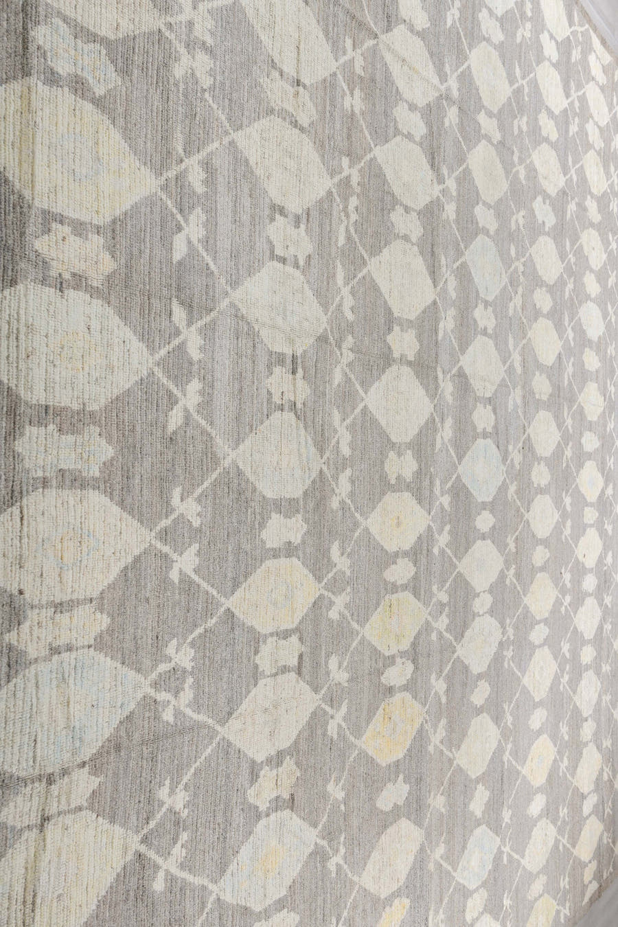 14' x 19' one-of-a-kind handmade vintage Tulu oversize rug. Color palette: gray, ivory, cream, pale gold, taupe, gold, beige