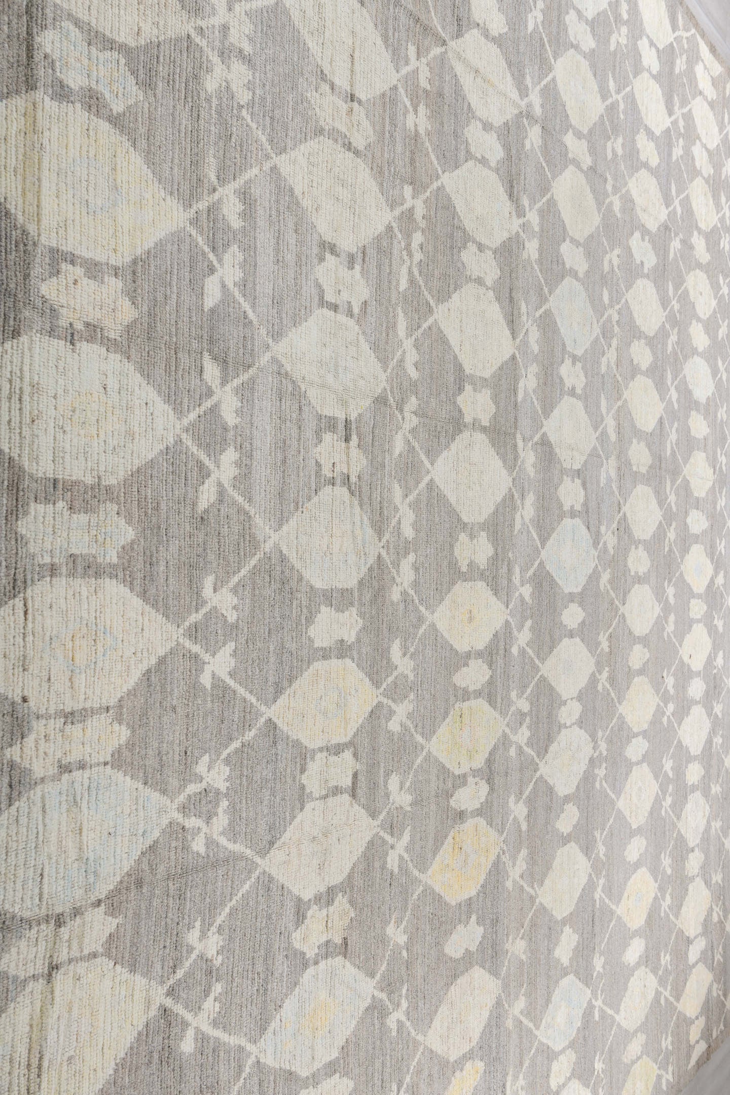 14' x 19' one-of-a-kind handmade vintage Tulu oversize rug. Color palette: gray, ivory, cream, pale gold, taupe, gold, beige