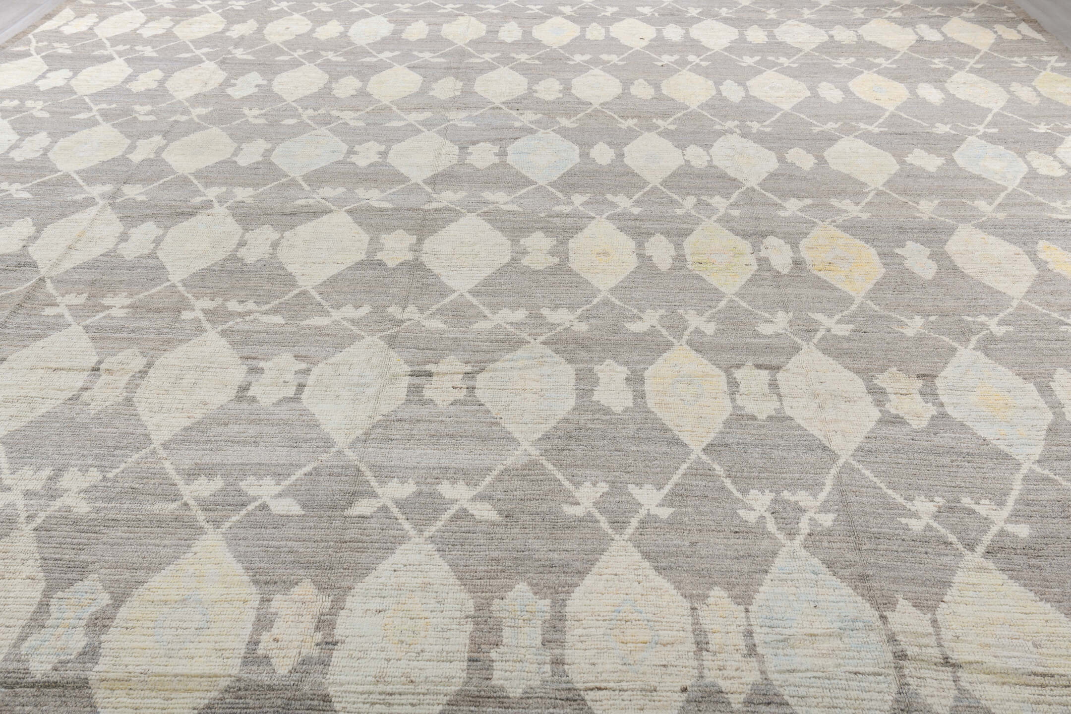 14' x 19' one-of-a-kind handmade vintage Tulu oversize rug. Color palette: dark gray, gainsboro, gray, light gray, off-white