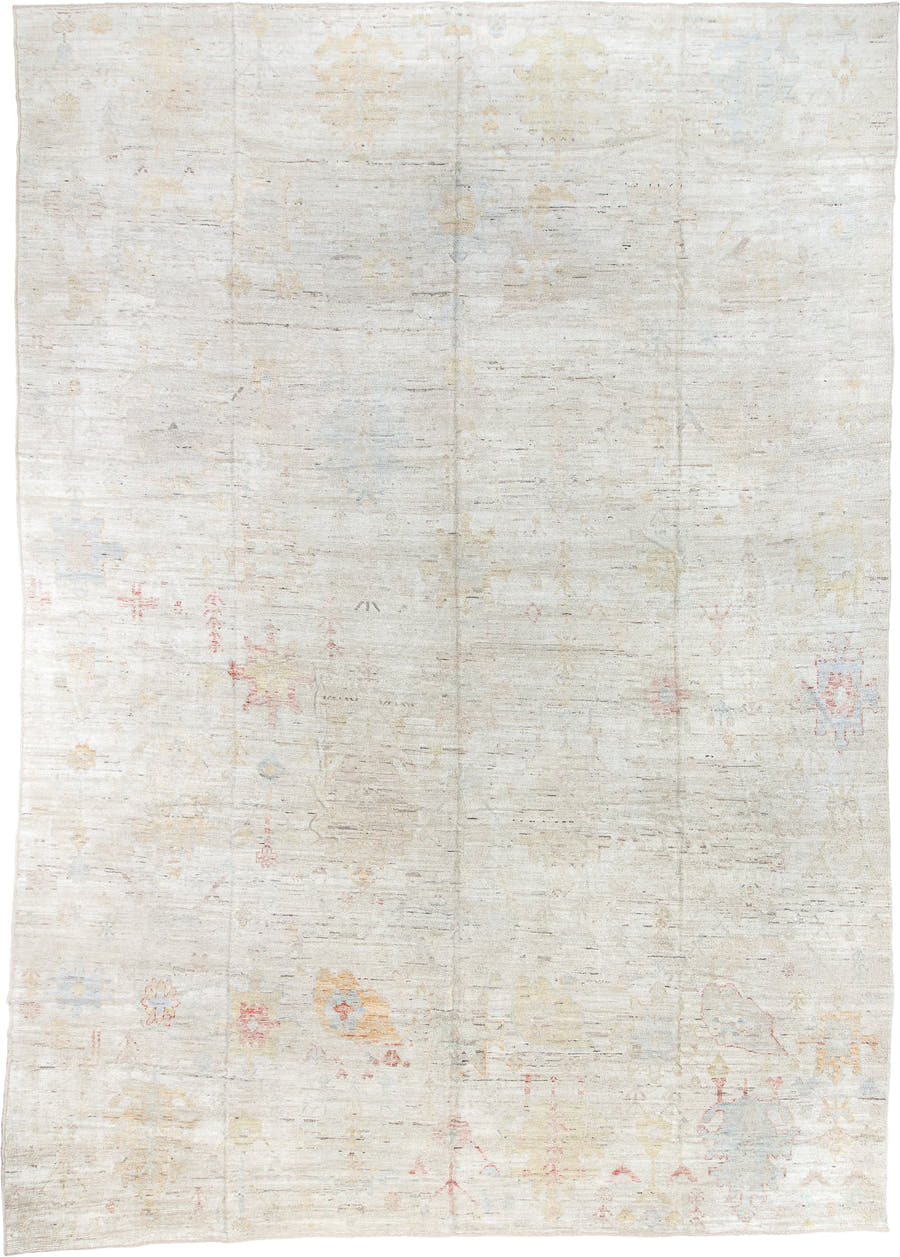 13' x 19' one-of-a-kind handmade vintage Tulu oversize rug. Color palette: ivory, cream, pale blue, blush, sand, gold, taupe