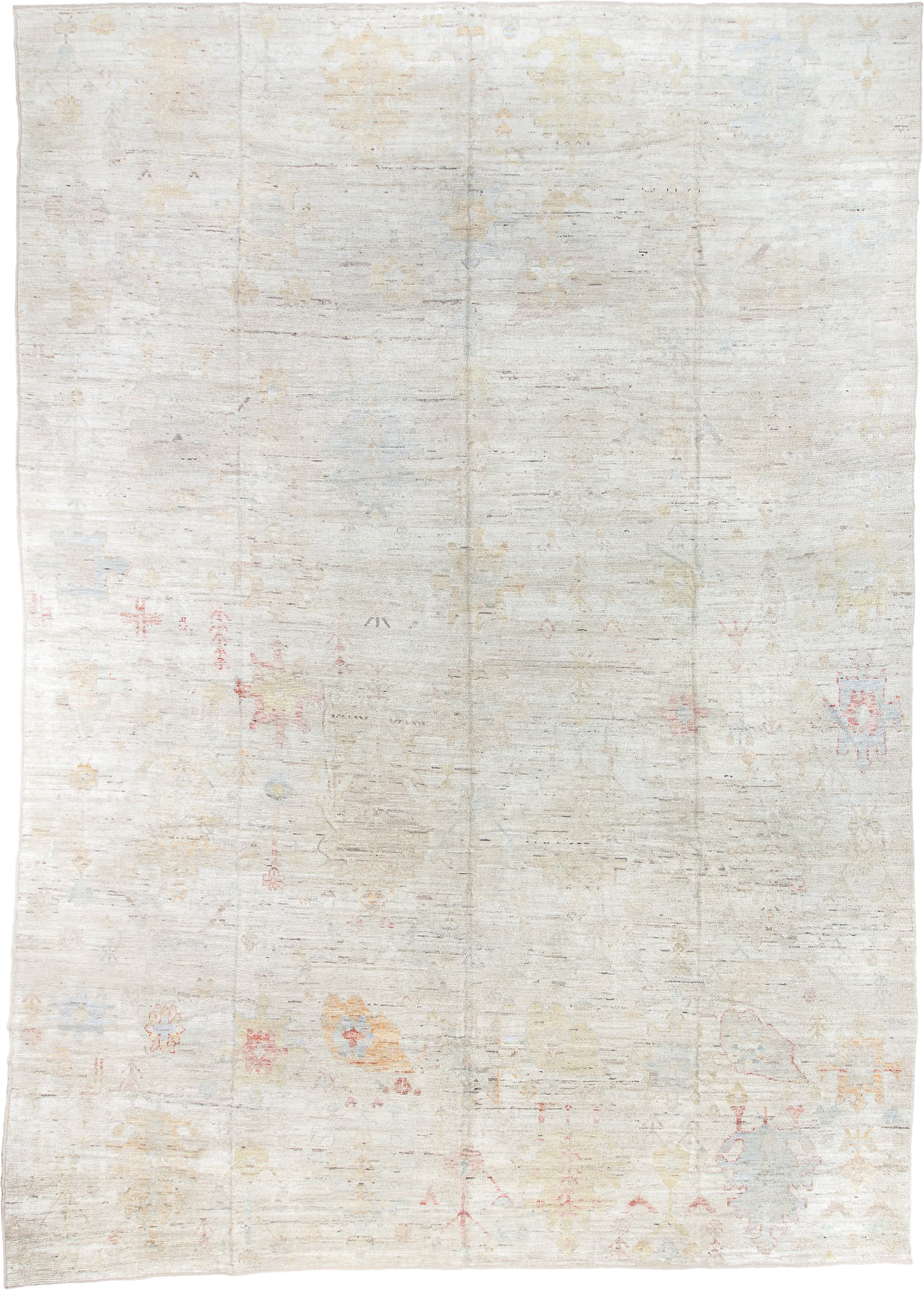 13' x 19' one-of-a-kind handmade vintage Tulu oversize rug. Color palette: ivory, cream, pale blue, blush, sand, gold, taupe