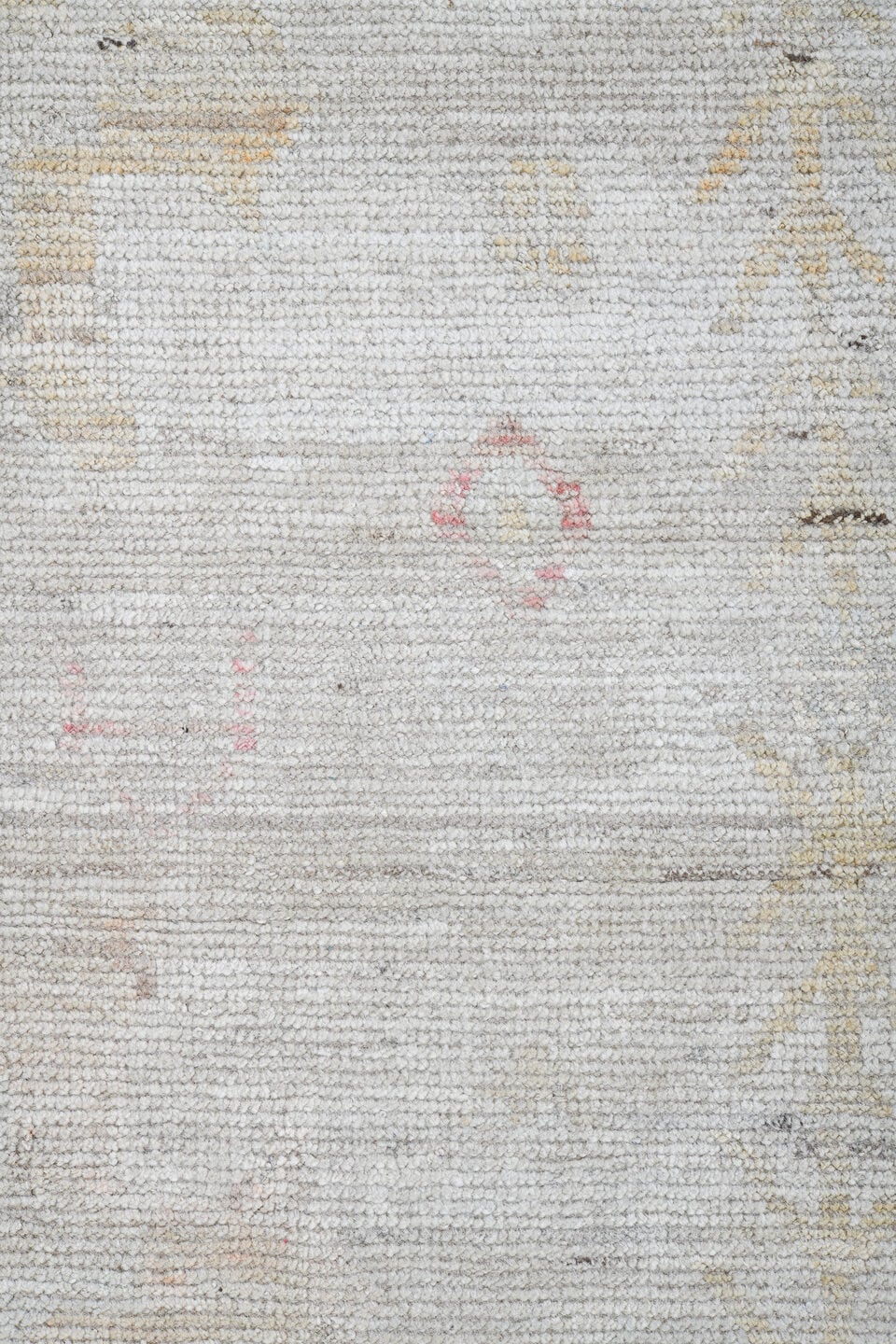 13' x 19' one-of-a-kind handmade vintage Tulu oversize rug. Color palette: ivory, cream, pale blue, blush, sand, gold, taupe
