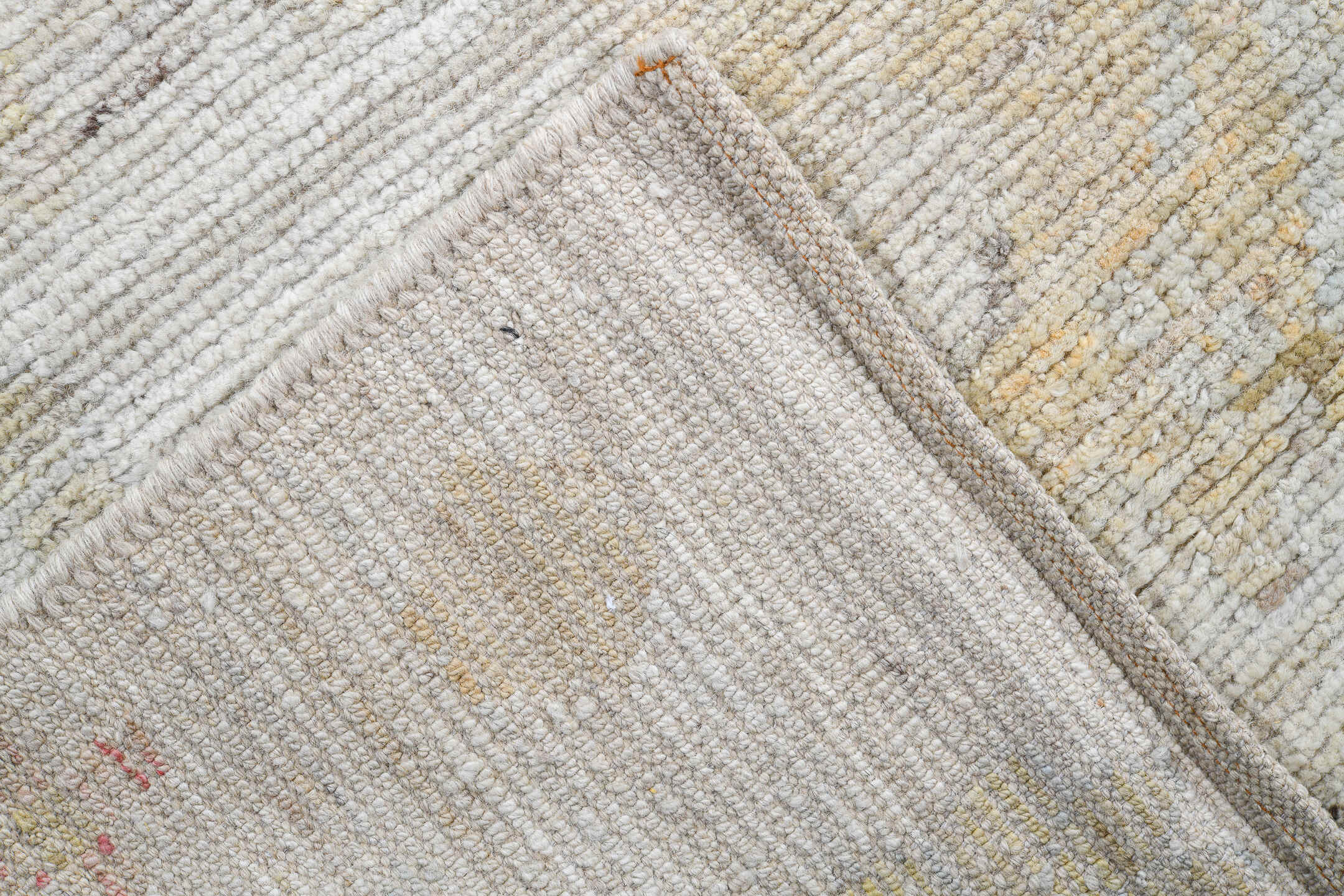 13' x 19' one-of-a-kind handmade vintage Tulu oversize rug. Color palette: ivory, cream, pale blue, blush, sand, gold, taupe