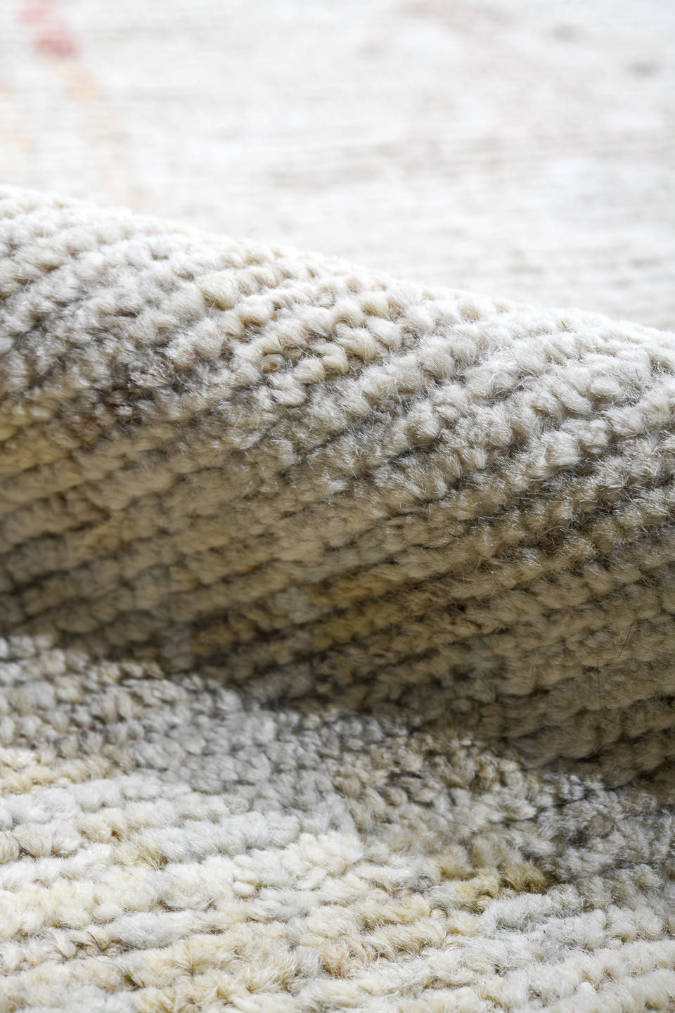 13' x 19' one-of-a-kind handmade vintage Tulu oversize rug. Color palette: ivory, cream, pale blue, blush, sand, gold, taupe