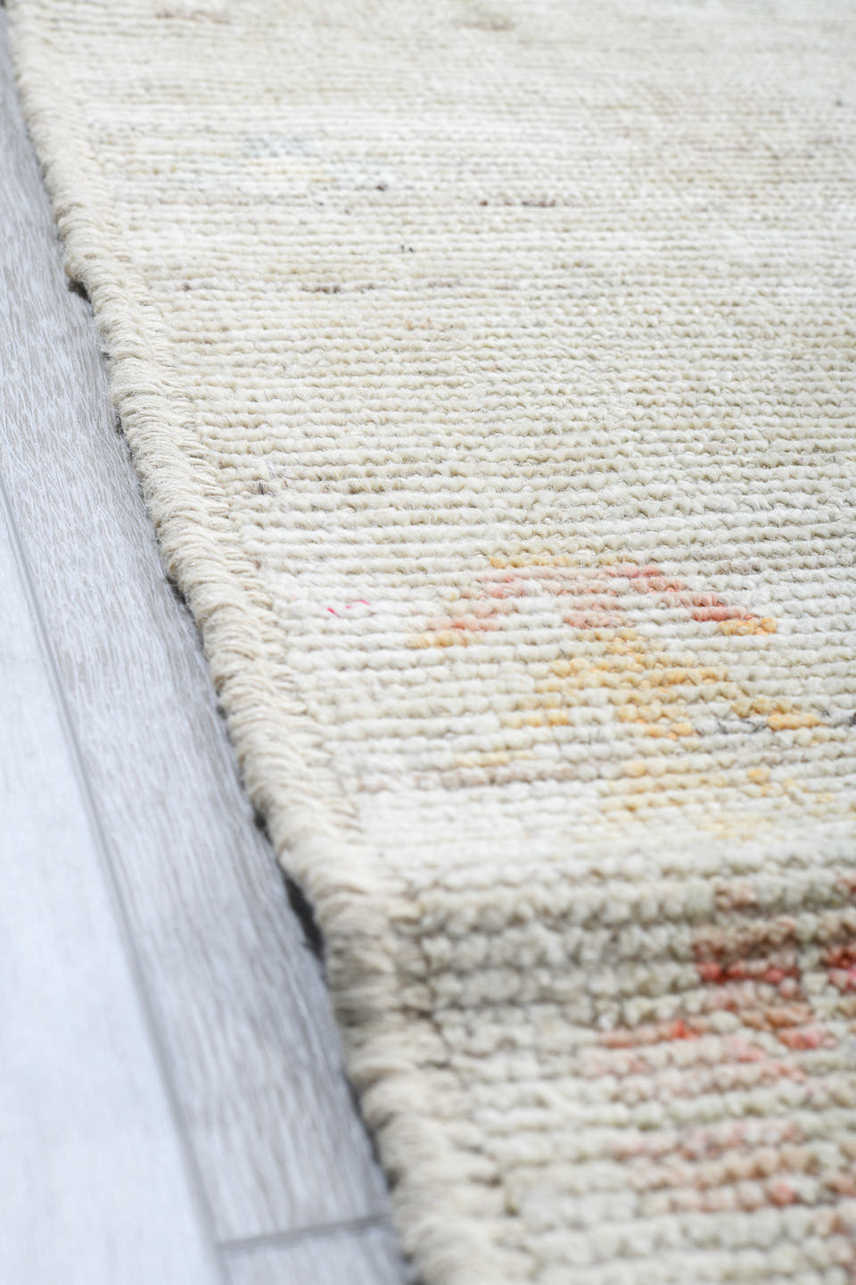 13' x 19' one-of-a-kind handmade vintage Tulu oversize rug. Color palette: ivory, cream, pale blue, blush, sand, gold, taupe