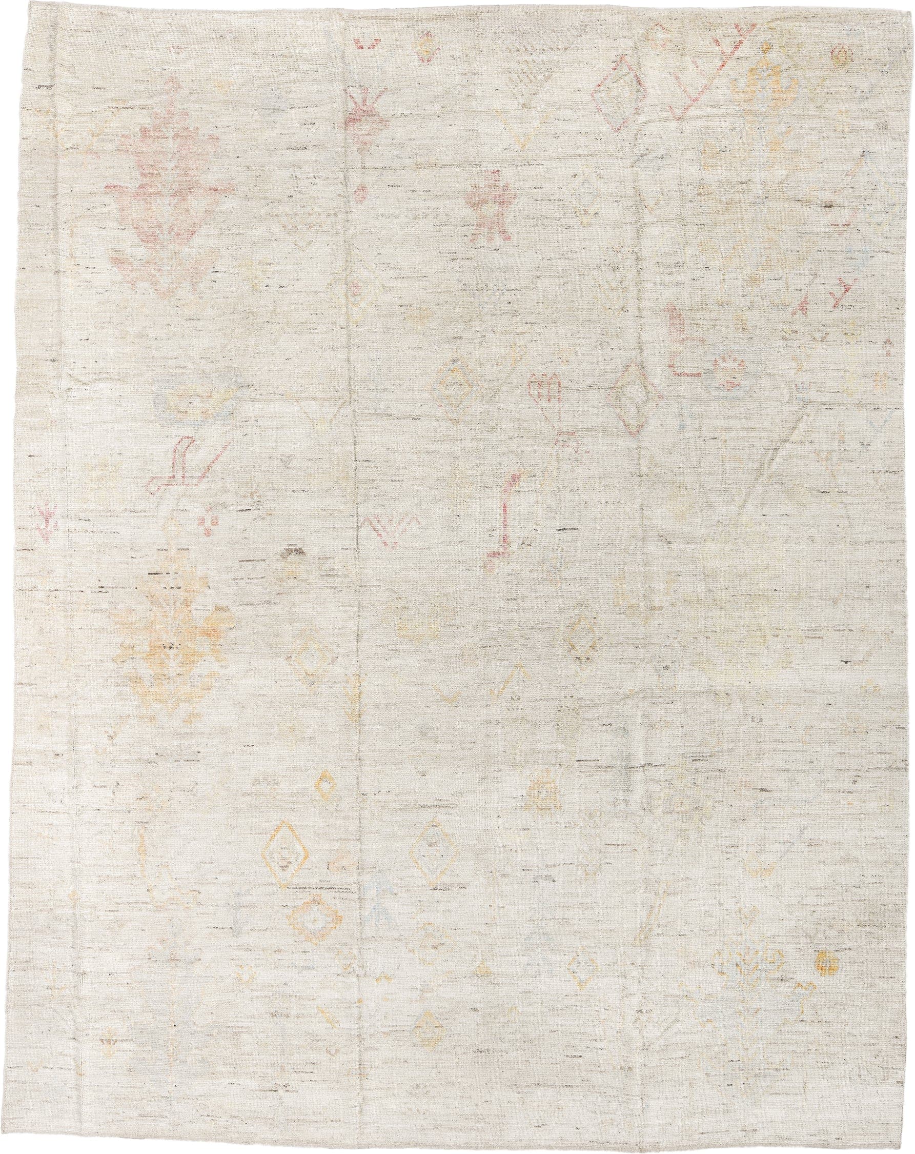 10' x 13' one-of-a-kind handmade vintage Tulu large size rug. Color palette: ivory, cream, blush, pale gold, light gray