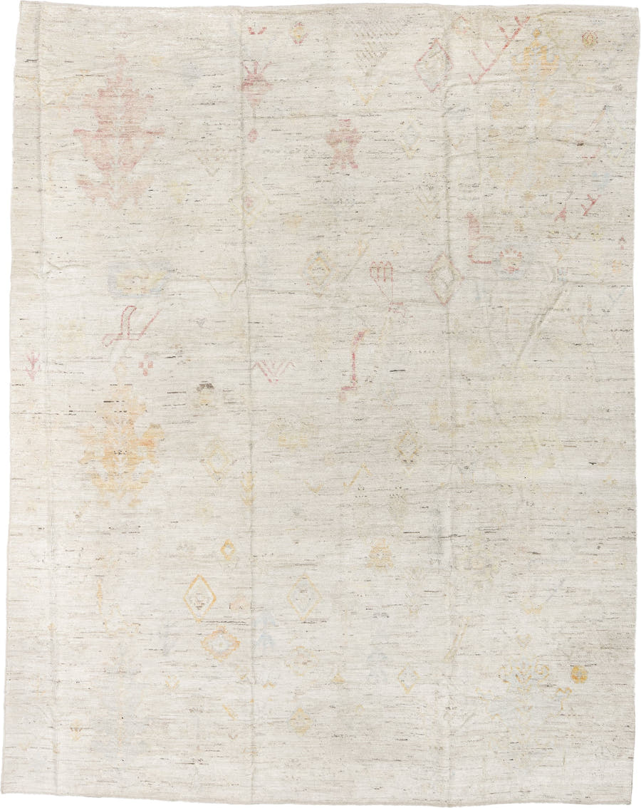 10' x 13' one-of-a-kind handmade vintage Tulu large size rug. Color palette: ivory, cream, blush, pale gold, light gray