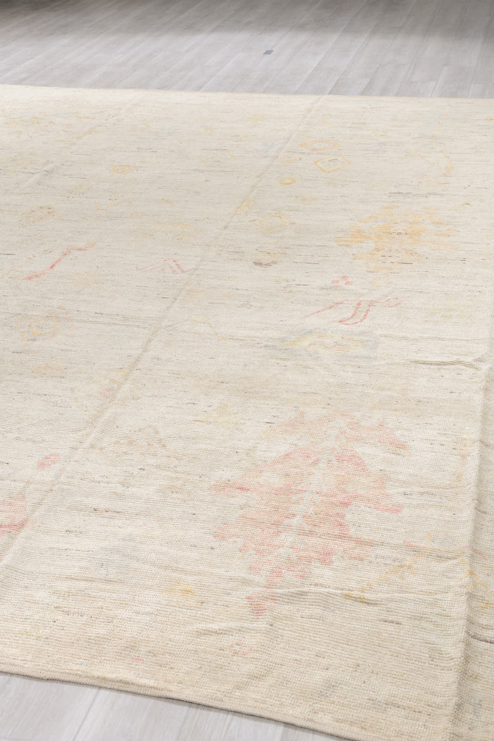 10' x 13' one-of-a-kind handmade vintage Tulu large size rug. Color palette: ivory, cream, blush, pale gold, light gray