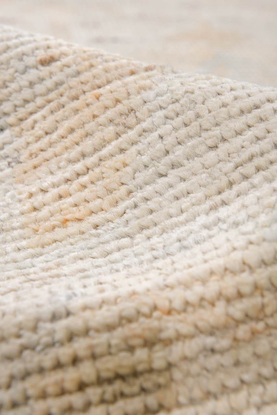 10' x 13' one-of-a-kind handmade vintage Tulu large size rug. Color palette: ivory, cream, blush, pale gold, light gray