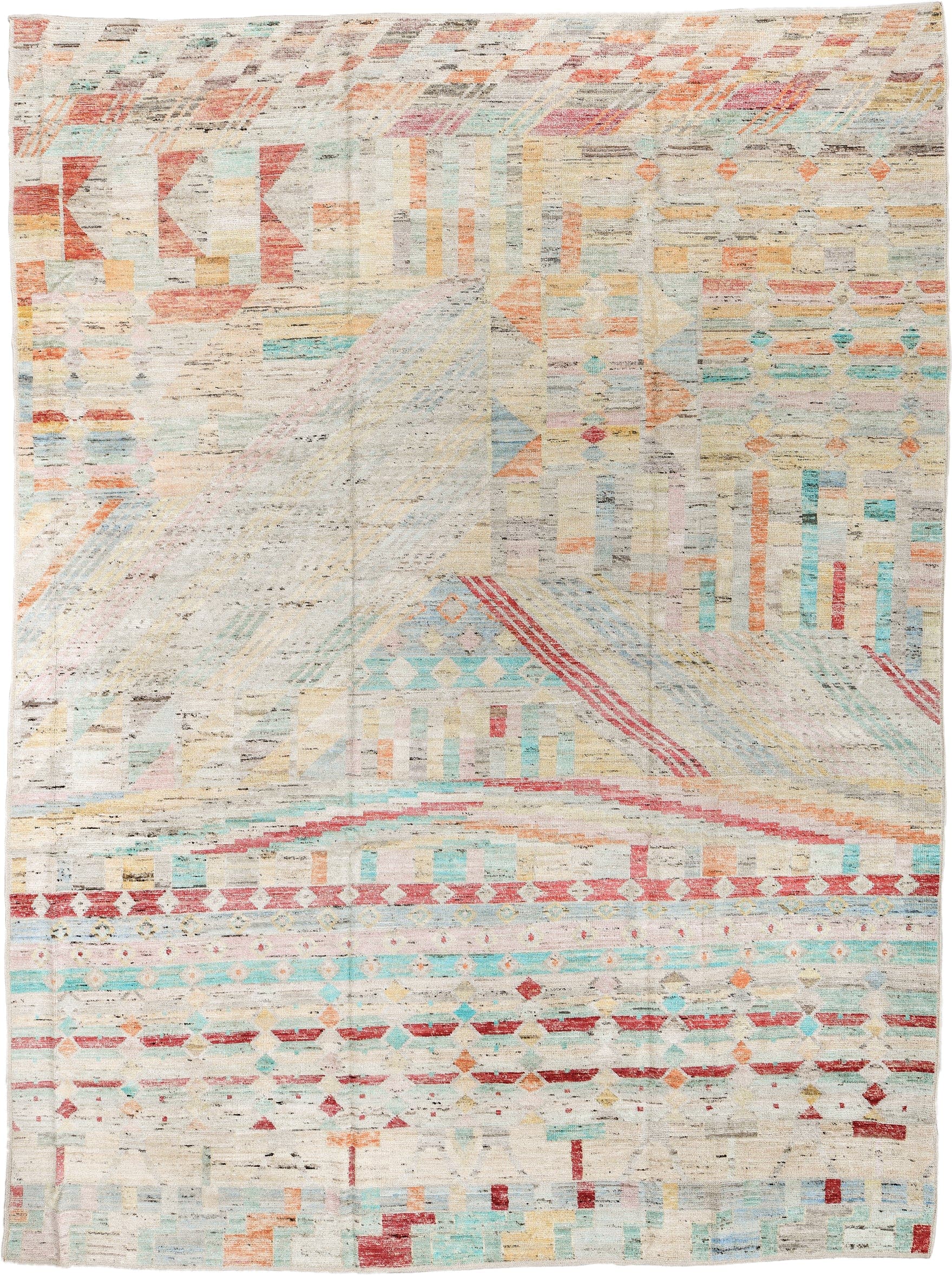10' x 14' one-of-a-kind handmade vintage Tulu large size rug. Color palette: ivory, aqua, coral, peach, gold, gray, rose