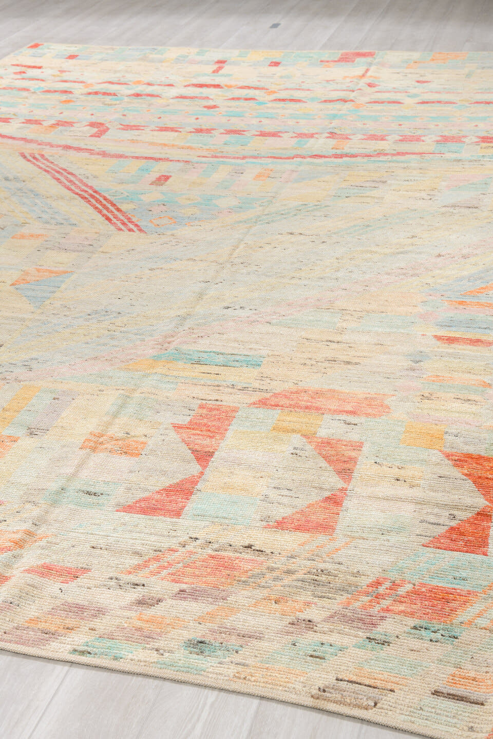 10' x 14' one-of-a-kind handmade vintage Tulu large size rug. Color palette: ivory, aqua, coral, peach, gold, gray, rose