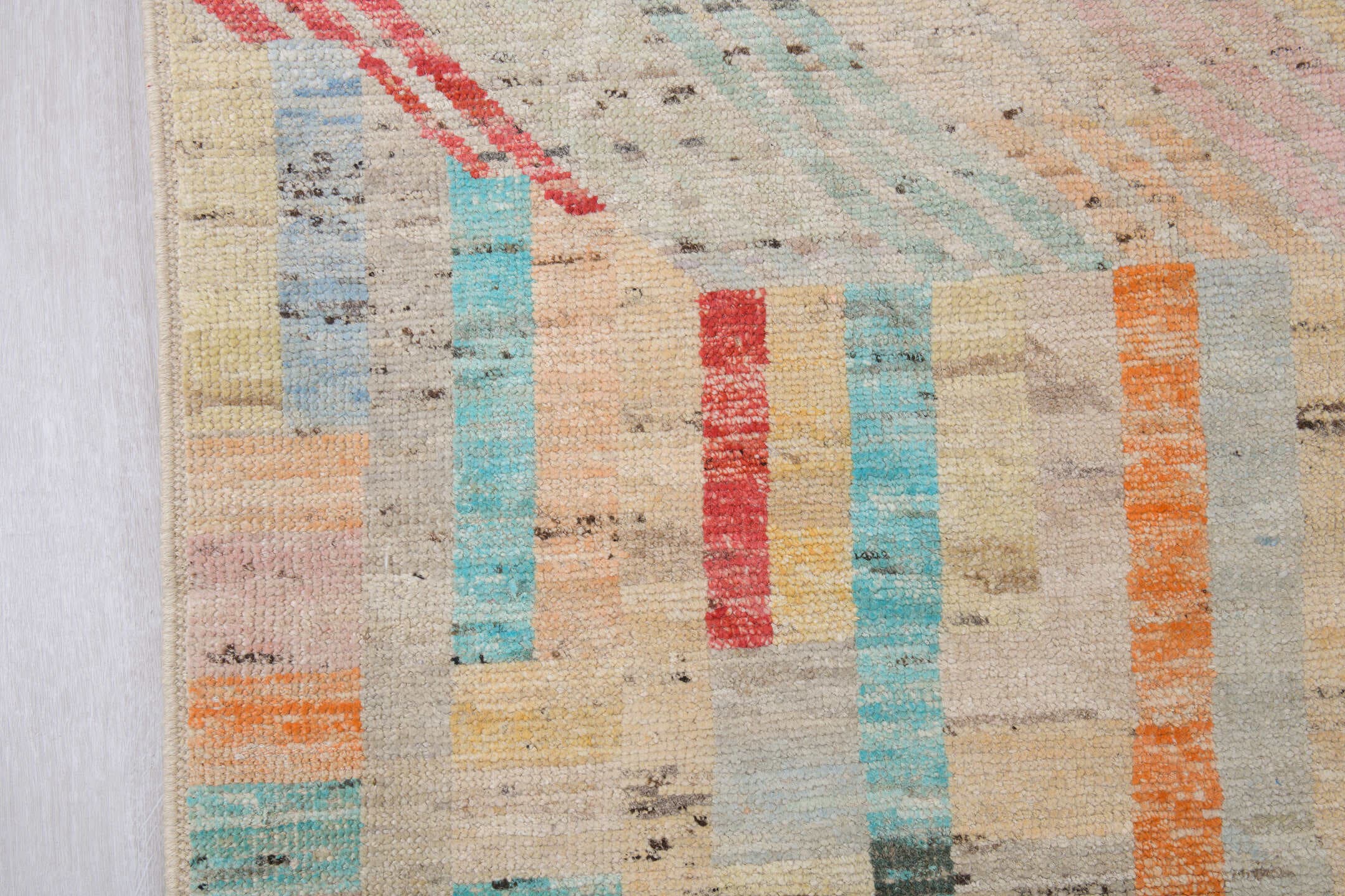 10' x 14' one-of-a-kind handmade vintage Tulu large size rug. Color palette: ivory, aqua, coral, peach, gold, gray, rose