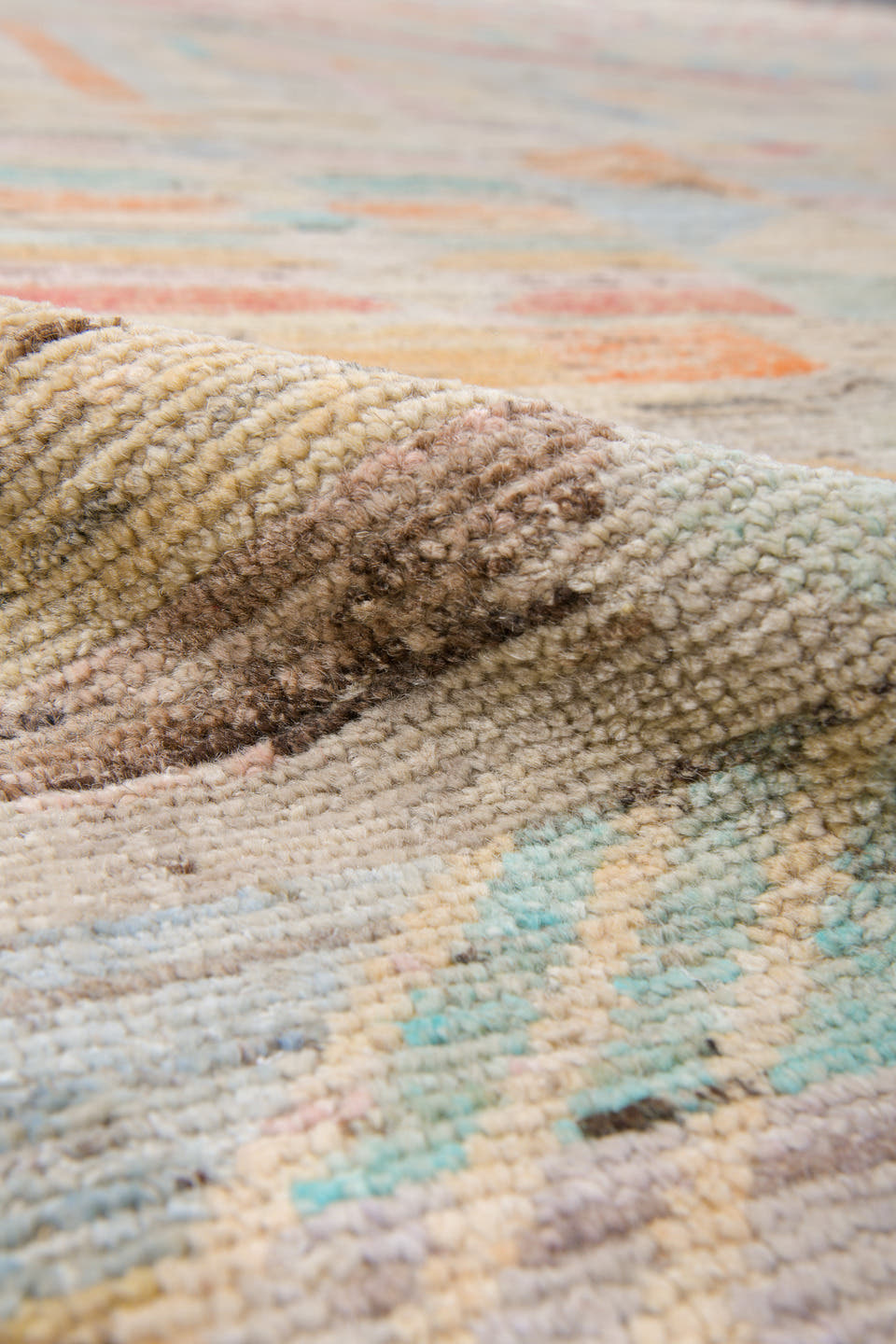10' x 14' one-of-a-kind handmade vintage Tulu large size rug. Color palette: ivory, aqua, coral, peach, gold, gray, rose
