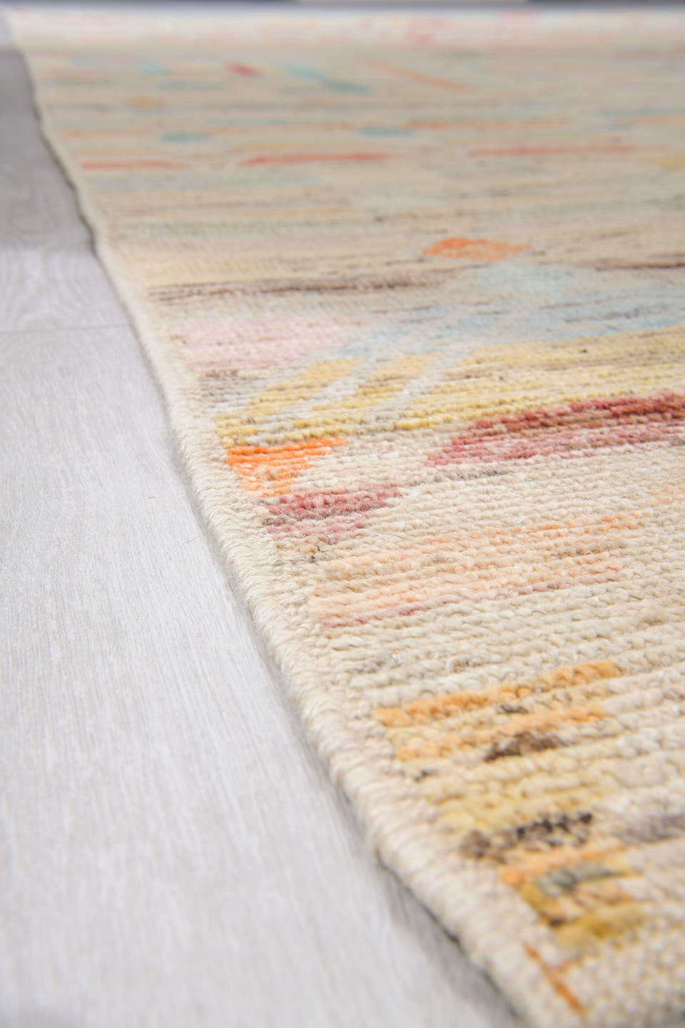 10' x 14' one-of-a-kind handmade vintage Tulu large size rug. Color palette: ivory, aqua, coral, peach, gold, gray, rose