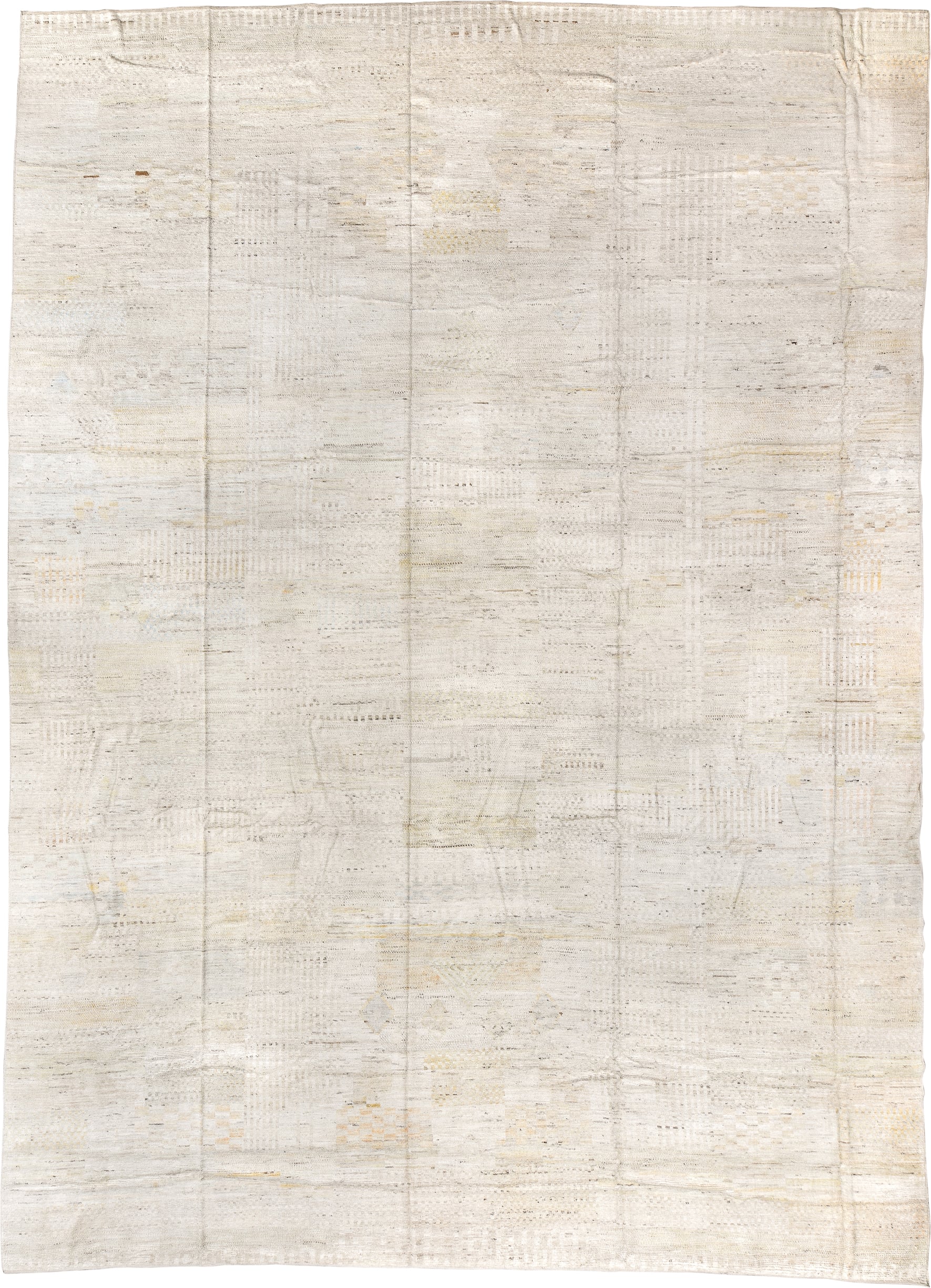 14' x 19' one-of-a-kind handmade vintage Tulu oversize rug. Color palette: ivory, cream, beige, taupe, pale gold, light gray