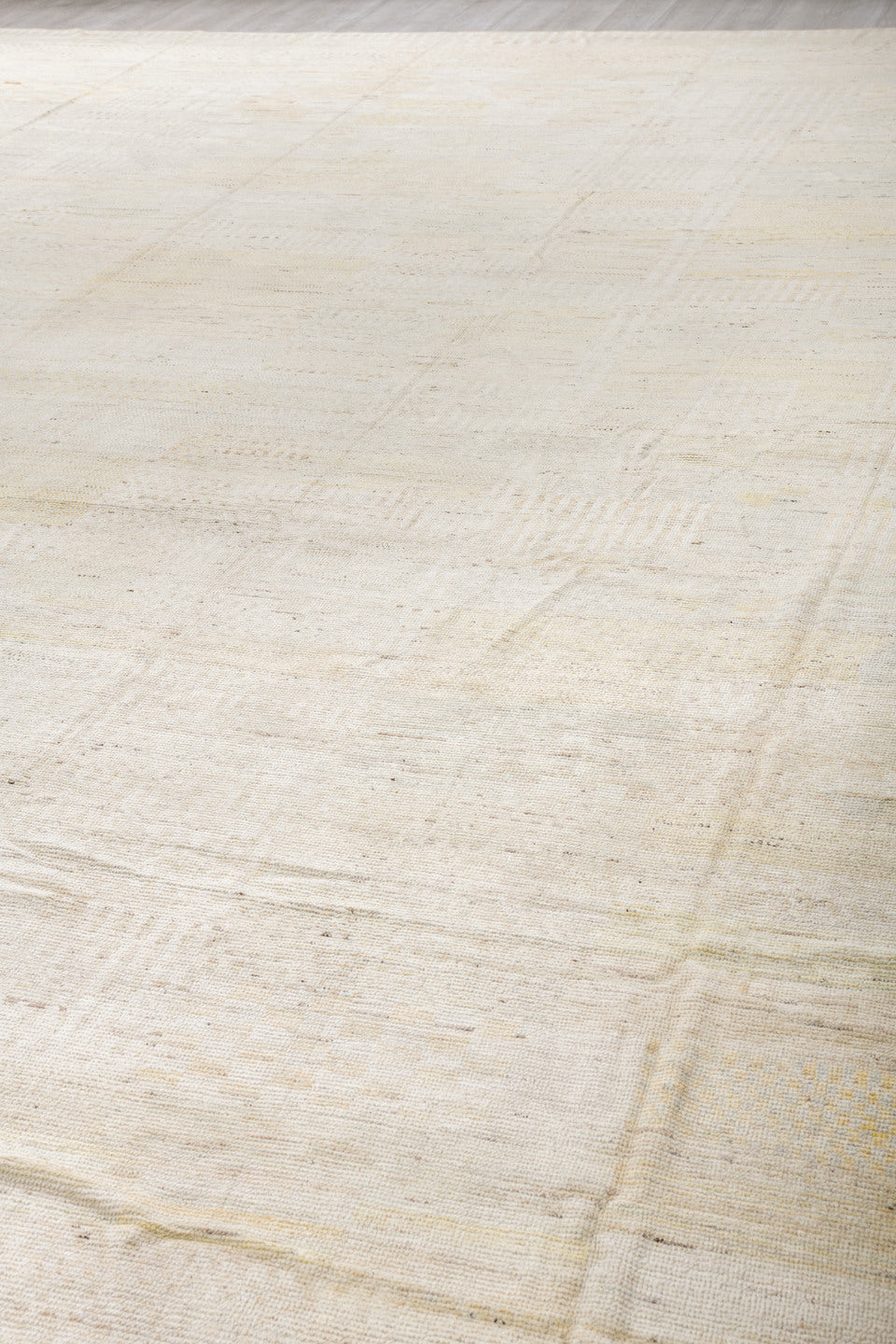 14' x 19' one-of-a-kind handmade vintage Tulu oversize rug. Color palette: ivory, cream, beige, taupe, pale gold, light gray