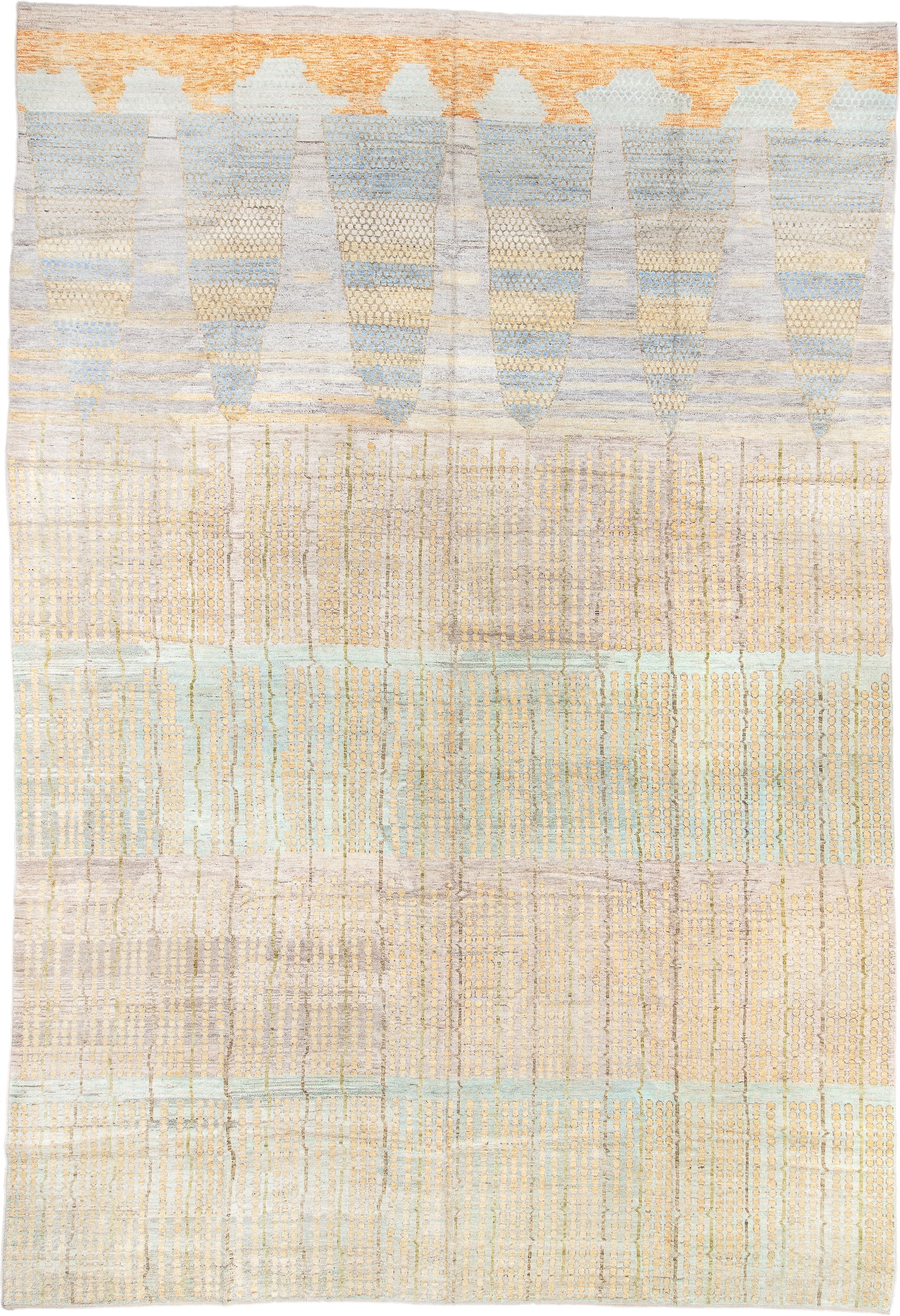 13' x 19' one-of-a-kind handmade vintage Tulu oversize rug. Color palette: ivory, pale aqua, gold, apricot, taupe, cream