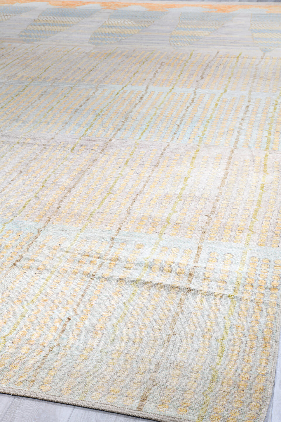 13' x 19' one-of-a-kind handmade vintage Tulu oversize rug. Color palette: ivory, pale aqua, gold, apricot, taupe, cream