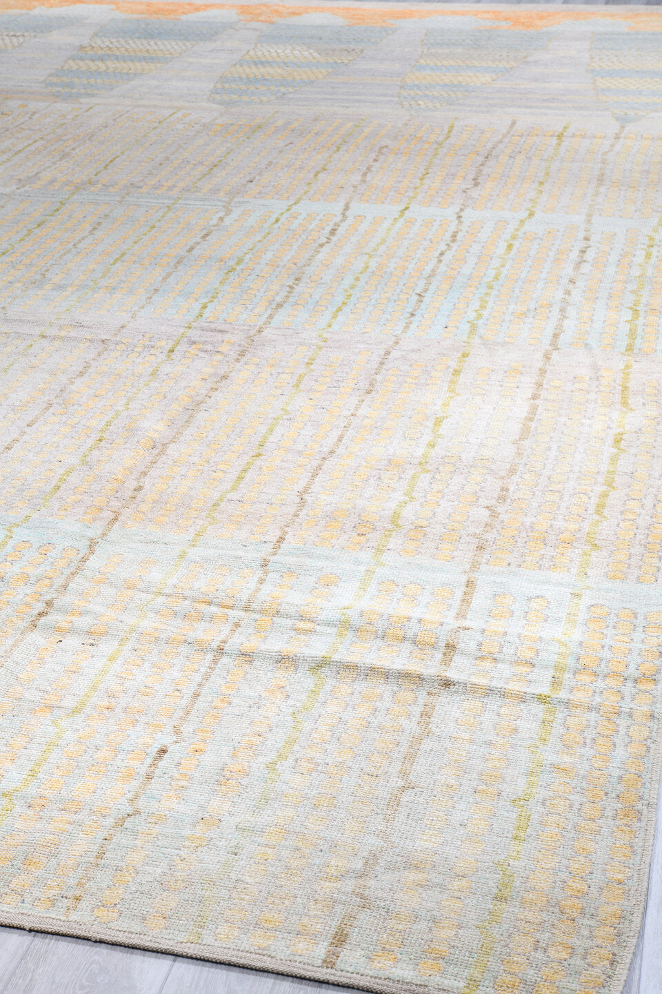 13' x 19' one-of-a-kind handmade vintage Tulu oversize rug. Color palette: ivory, pale aqua, gold, apricot, taupe, cream