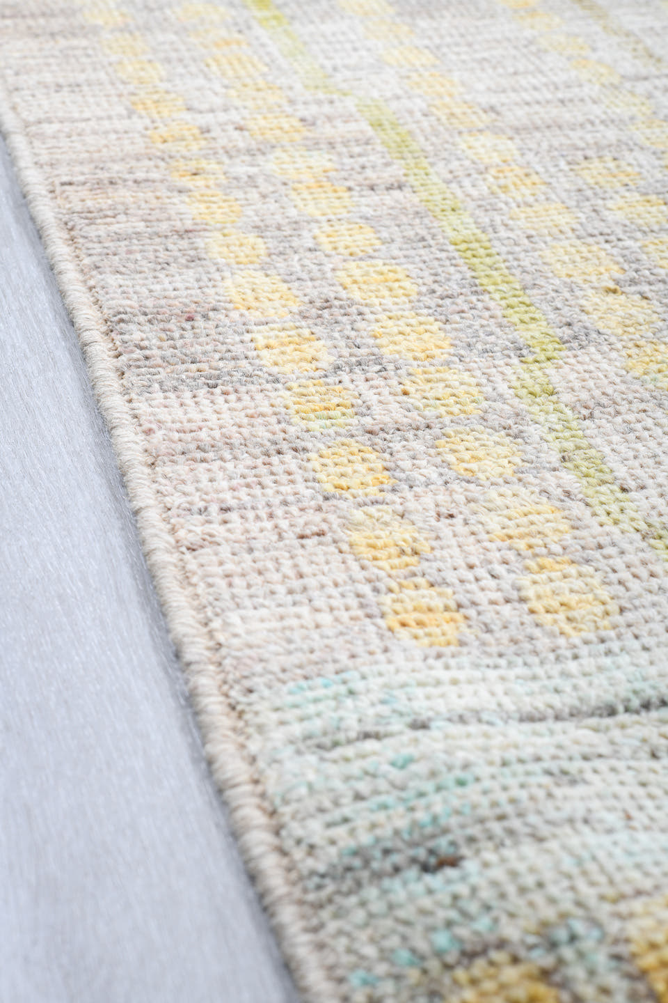 13' x 19' one-of-a-kind handmade vintage Tulu oversize rug. Color palette: ivory, pale aqua, gold, apricot, taupe, cream