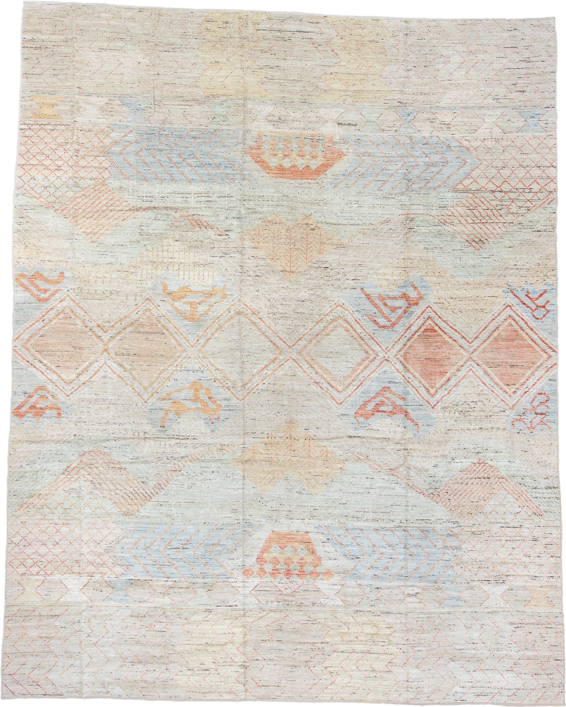 12' x 15' one-of-a-kind handmade vintage Tulu oversize rug. Color palette: ivory, salmon, sky_blue, light_gold, beige