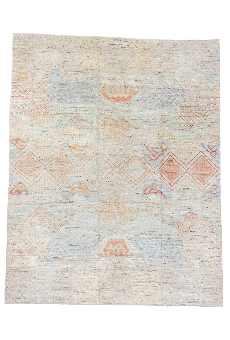 12' x 15' one-of-a-kind handmade vintage Tulu oversize rug. Color palette: dark gray, gainsboro, gray, light gray, off-white