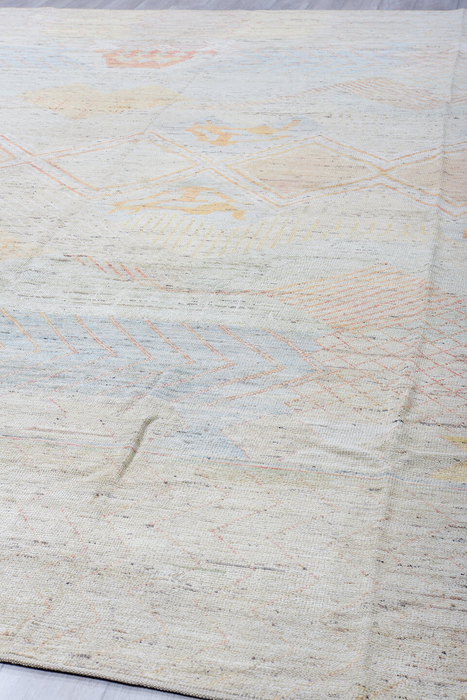 12' x 15' one-of-a-kind handmade vintage Tulu oversize rug. Color palette: ivory, salmon, sky_blue, light_gold, beige