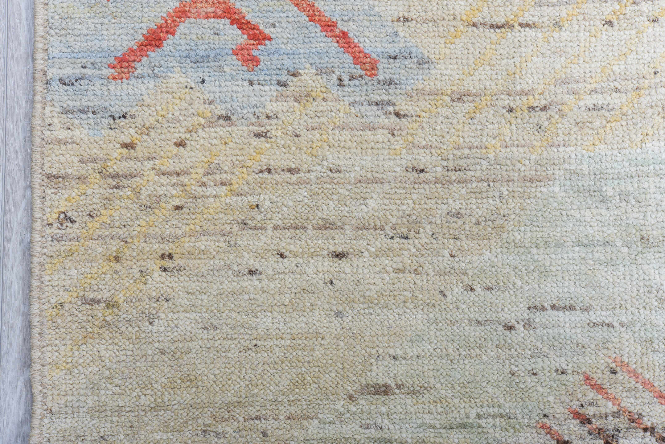 12' x 15' one-of-a-kind handmade vintage Tulu oversize rug. Color palette: ivory, salmon, sky_blue, light_gold, beige