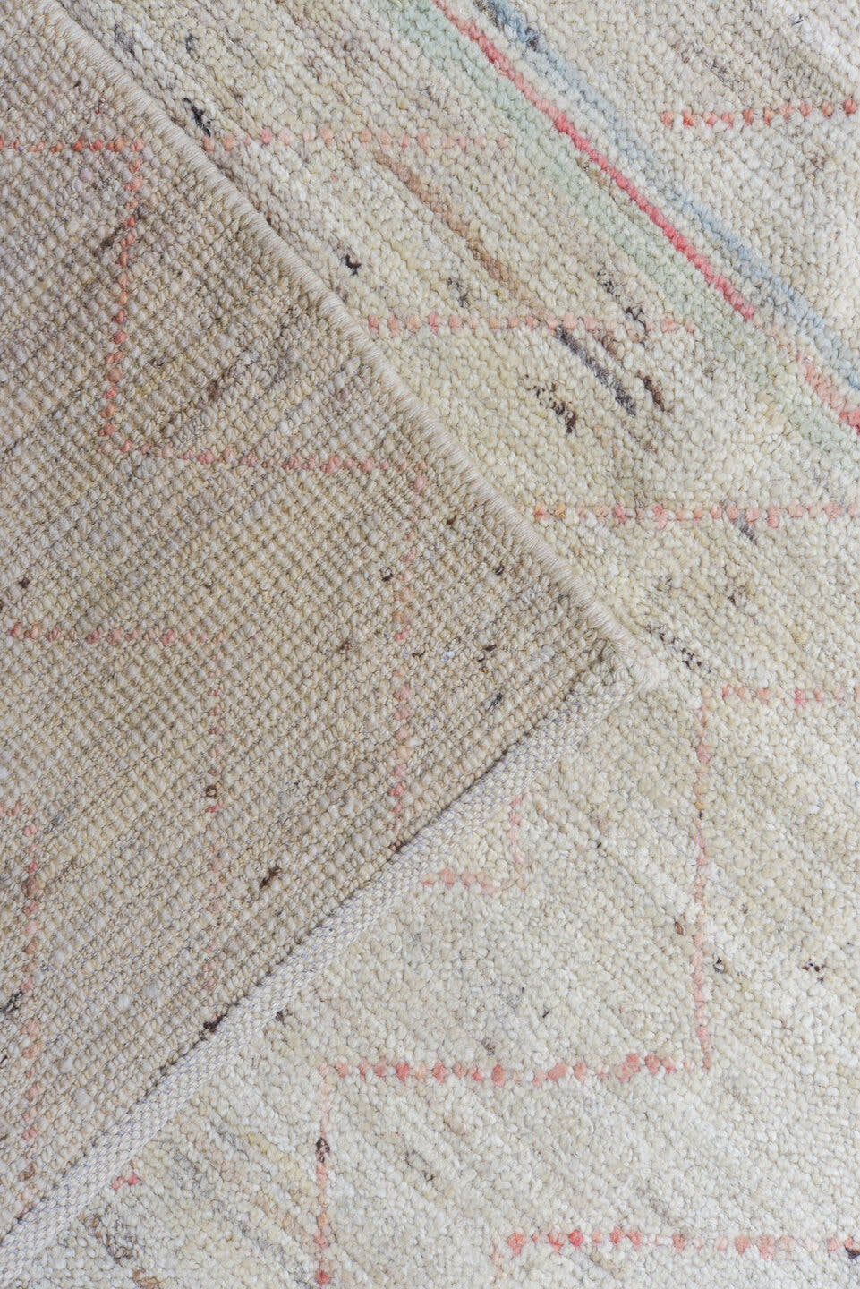 12' x 15' one-of-a-kind handmade vintage Tulu oversize rug. Color palette: ivory, salmon, sky_blue, light_gold, beige