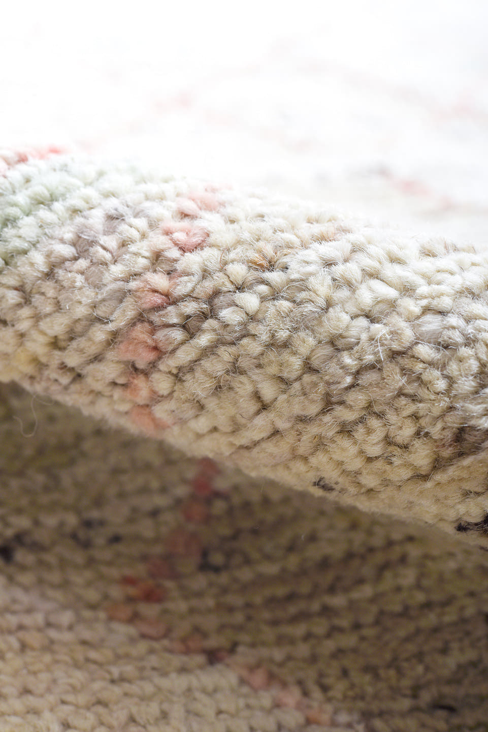 12' x 15' one-of-a-kind handmade vintage Tulu oversize rug. Color palette: ivory, salmon, sky_blue, light_gold, beige